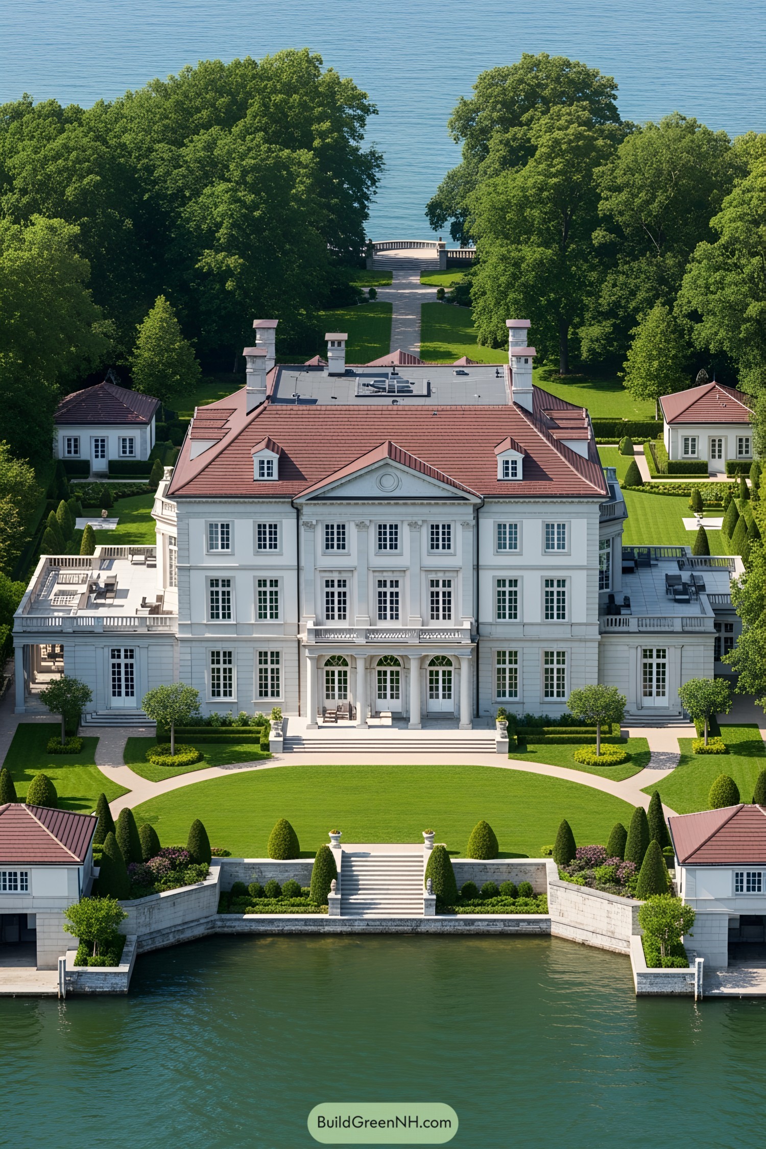 Grand mansion surrounded by lush greenery near a lake