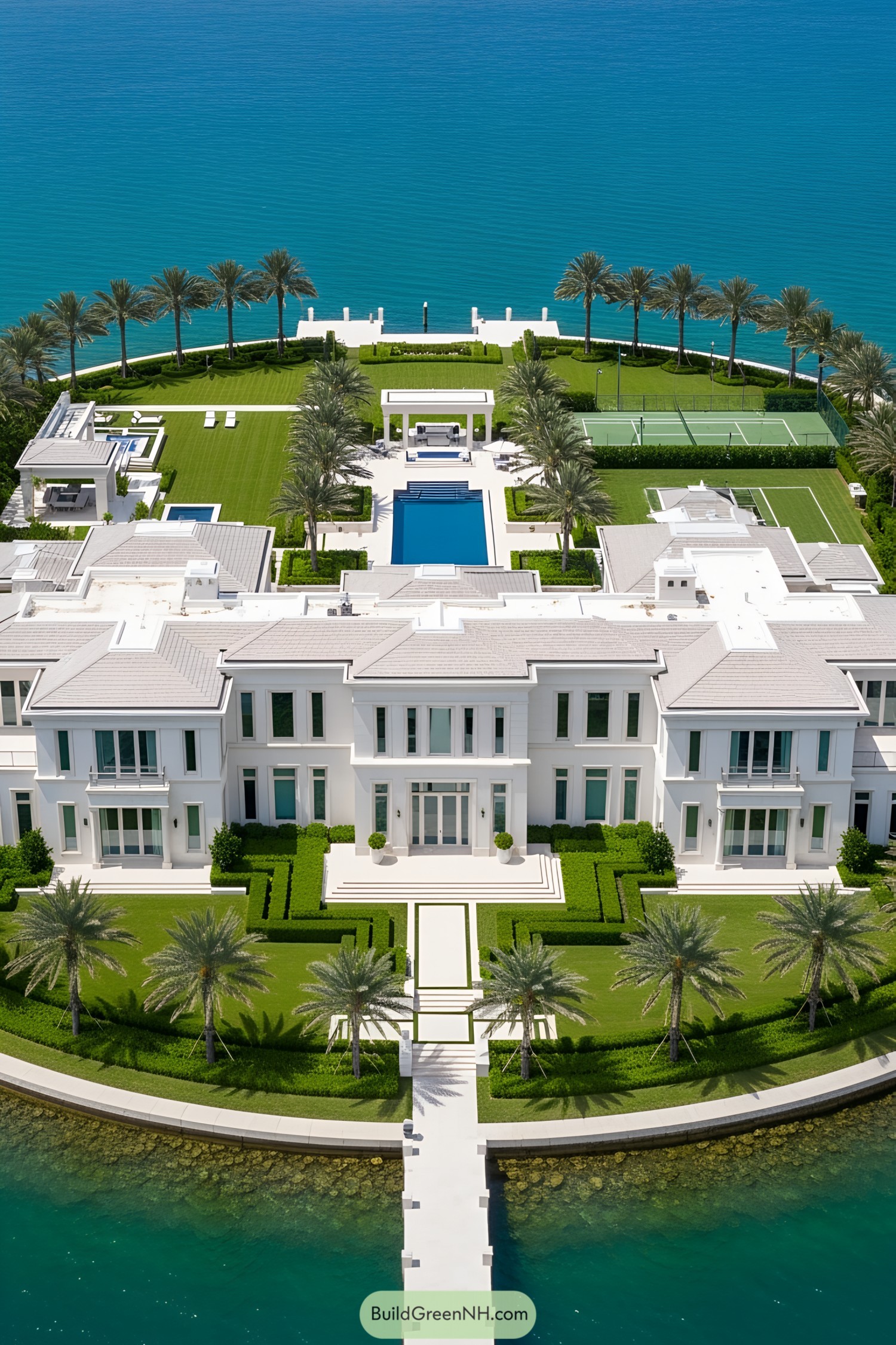 Private island mansion with palm trees and pool