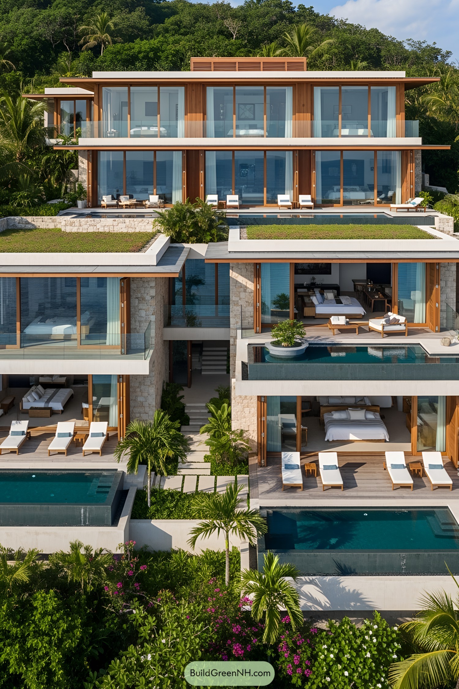 A stunning island mansion with multiple levels and pools