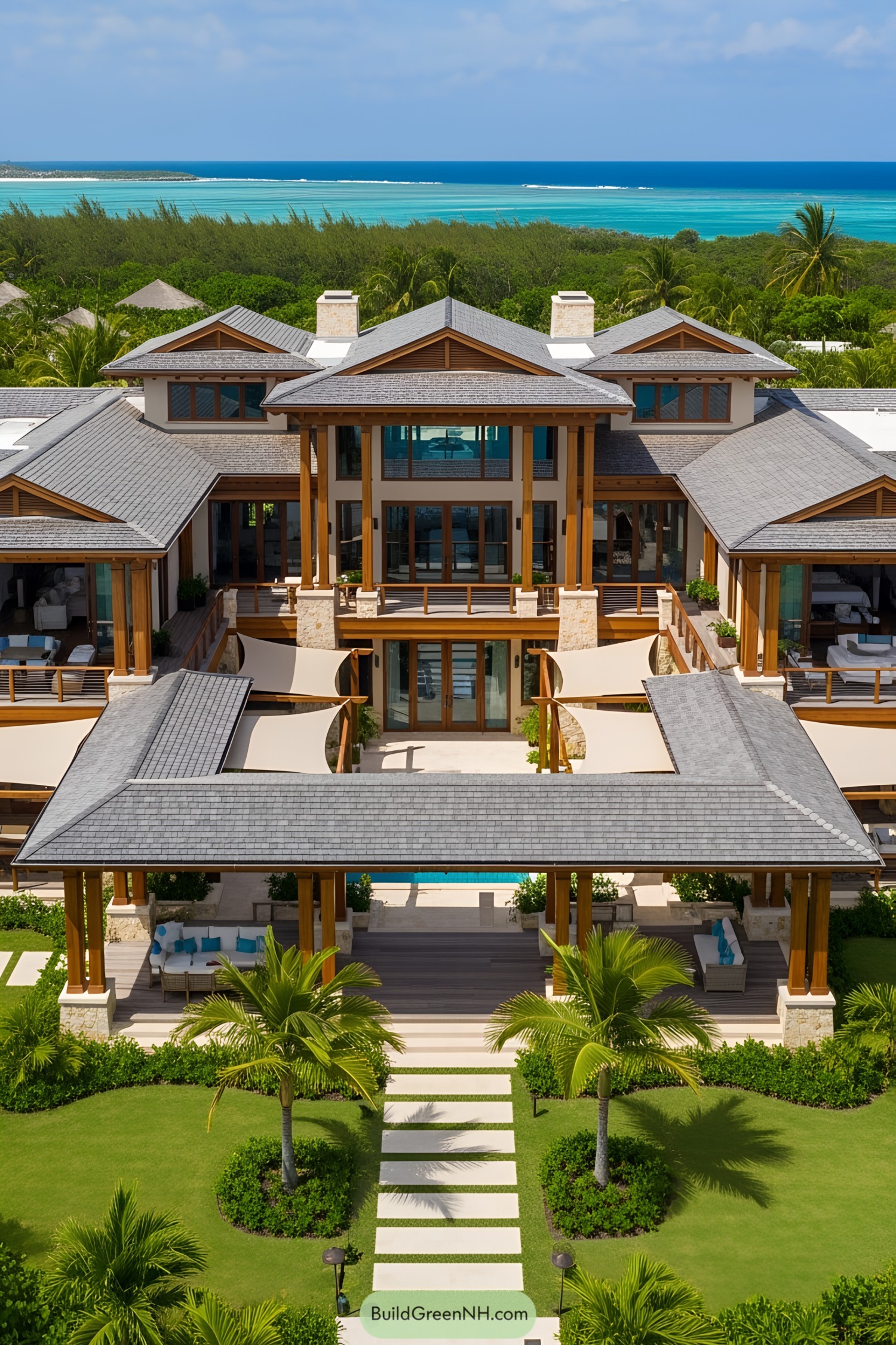 Luxurious island mansion with tropical landscaping