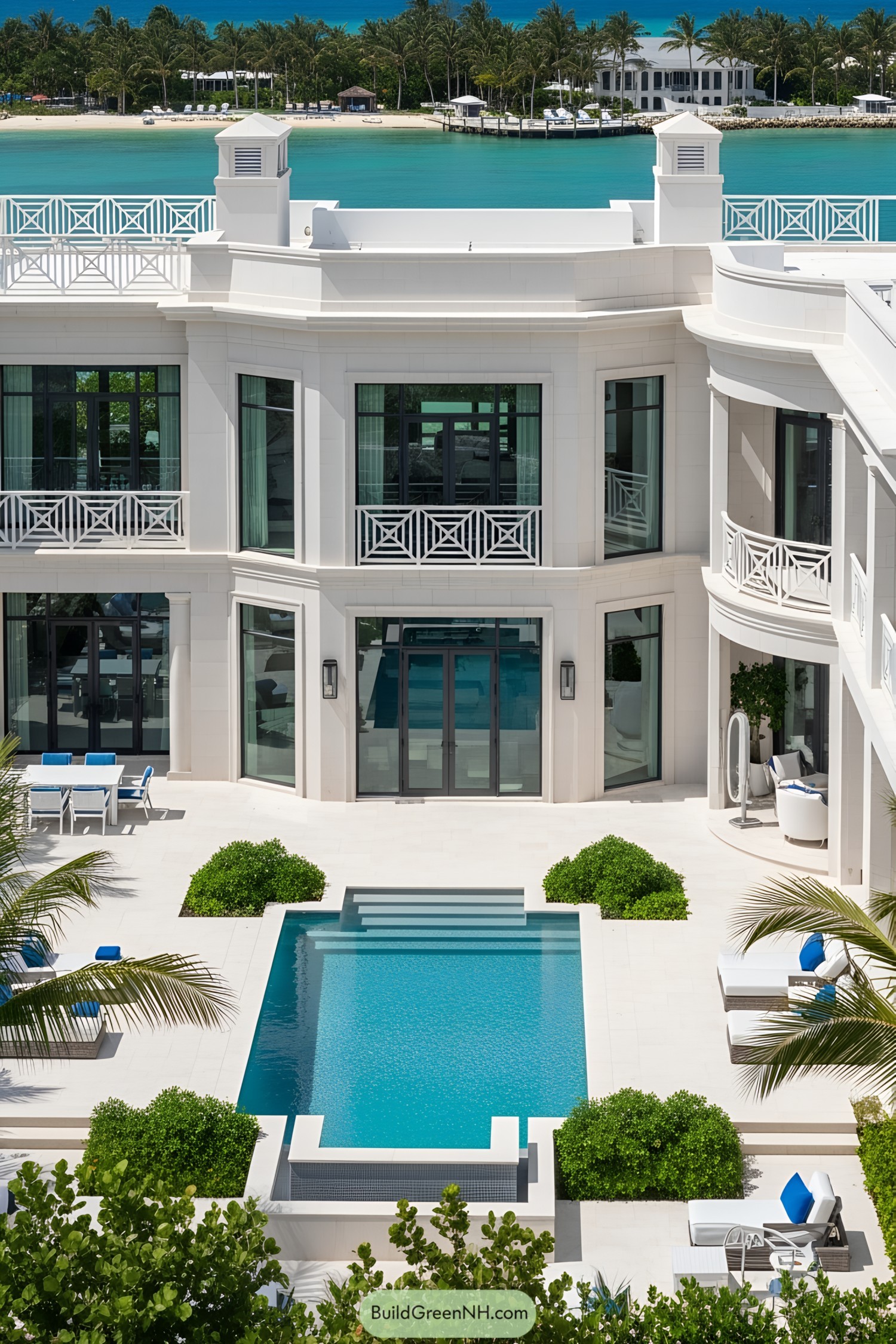 Luxury mansion with pool and beach backdrop