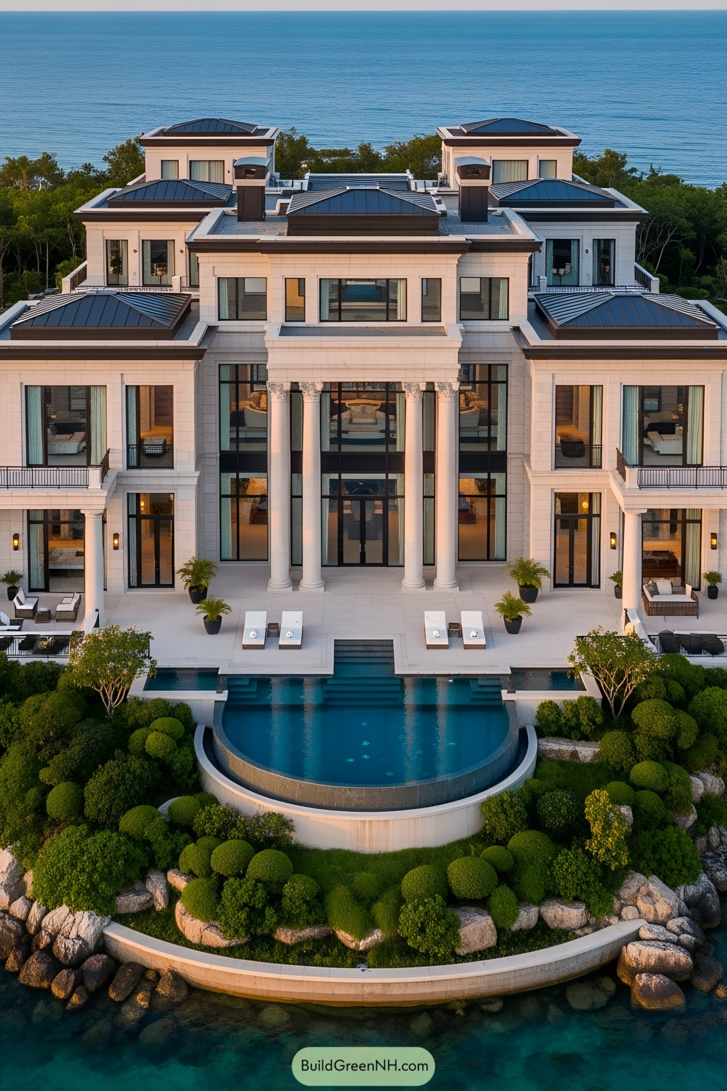 A grand mansion overlooking the sea with towering columns