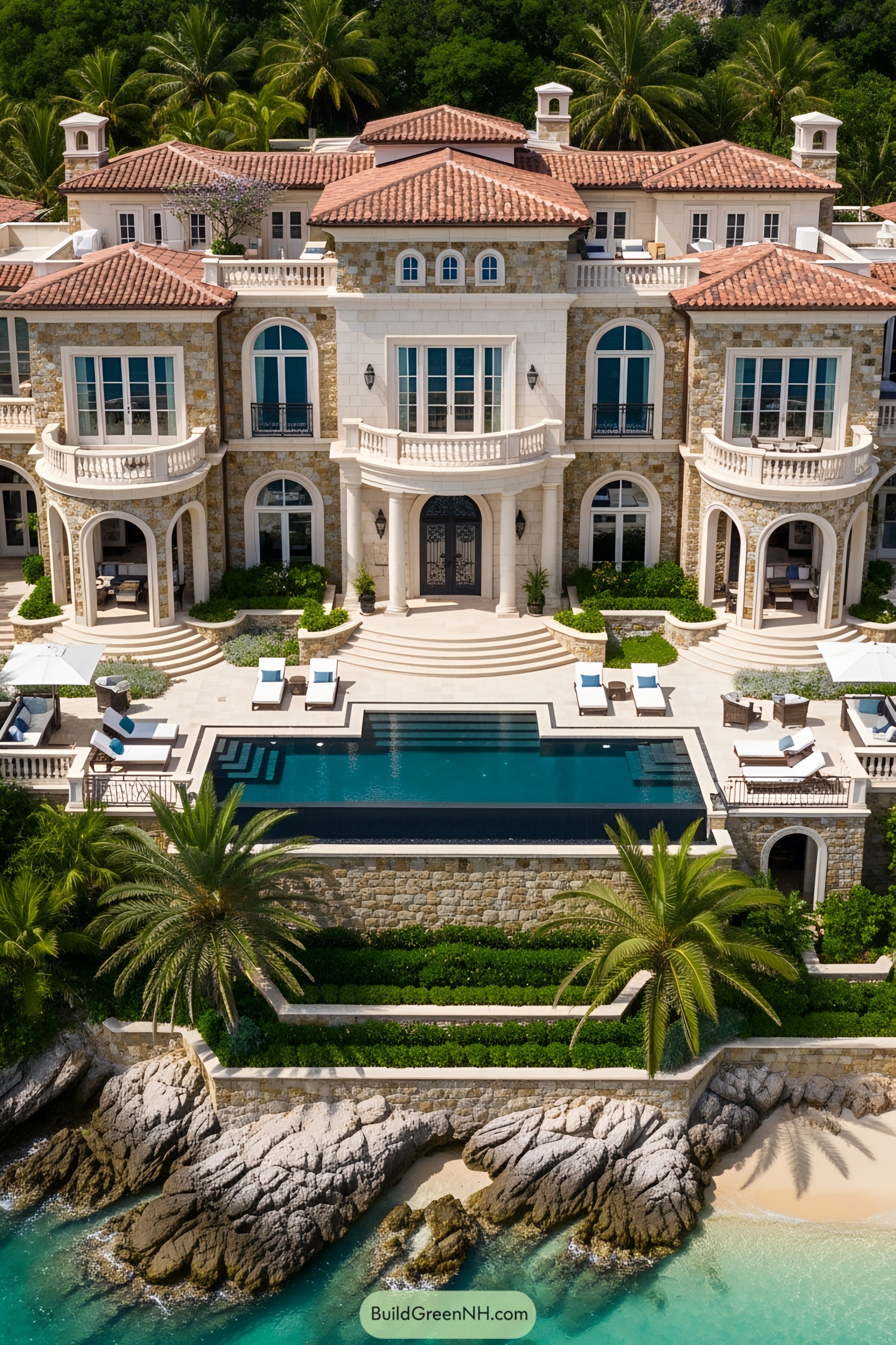 Luxurious beachfront mansion with pool and palm trees