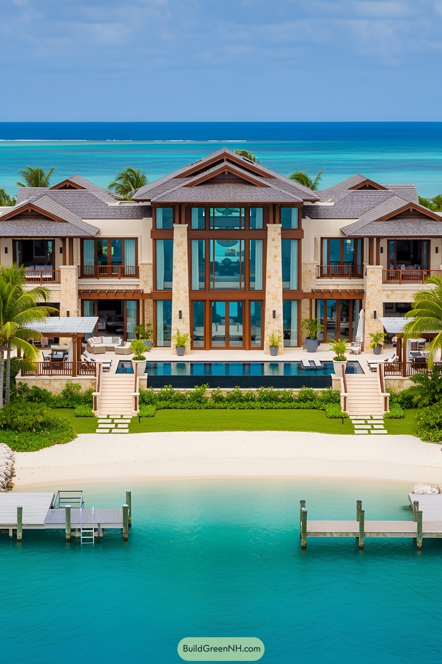 Luxurious mansion by a turquoise ocean with palm trees