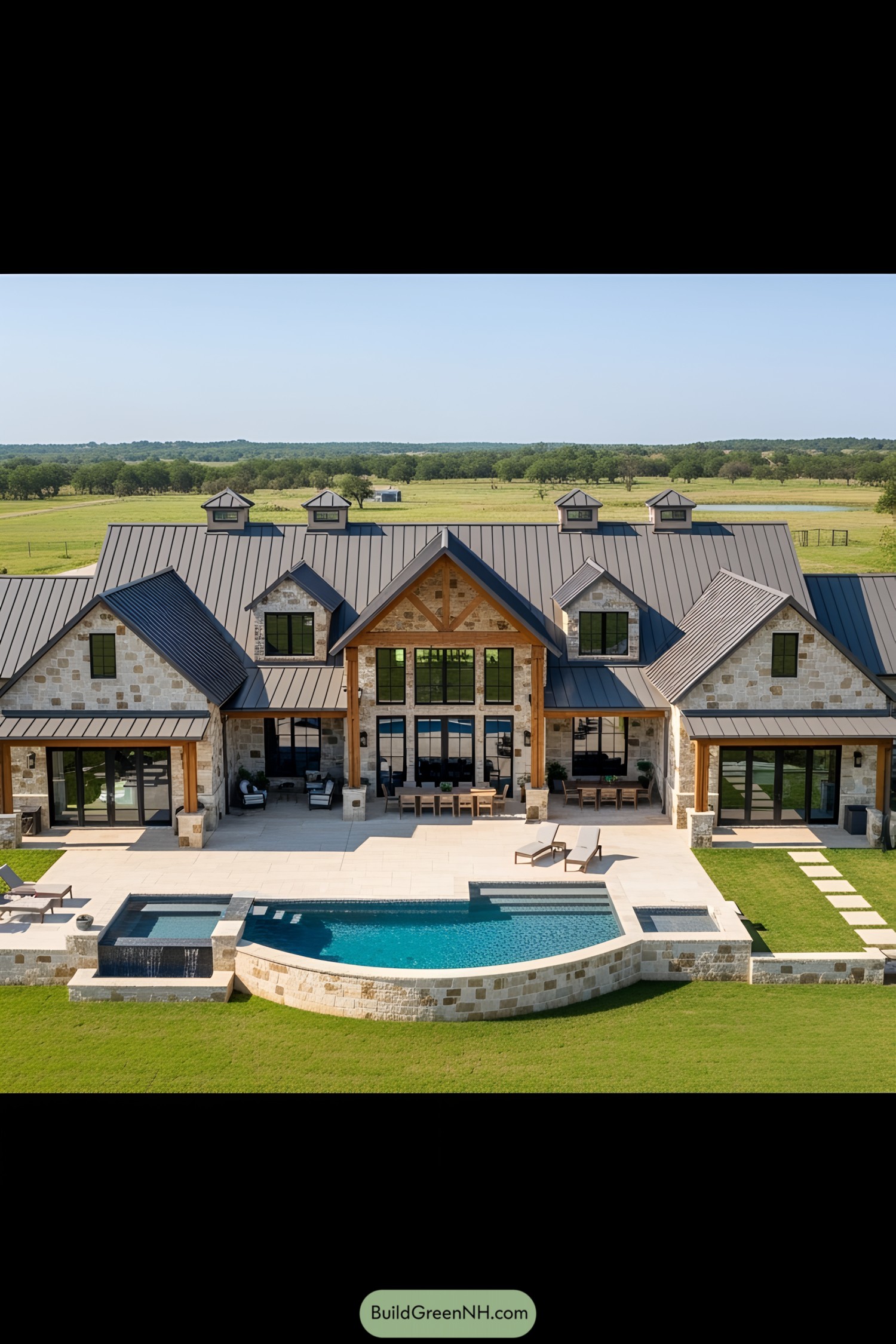 Sprawling ranch-style barndominium with pool