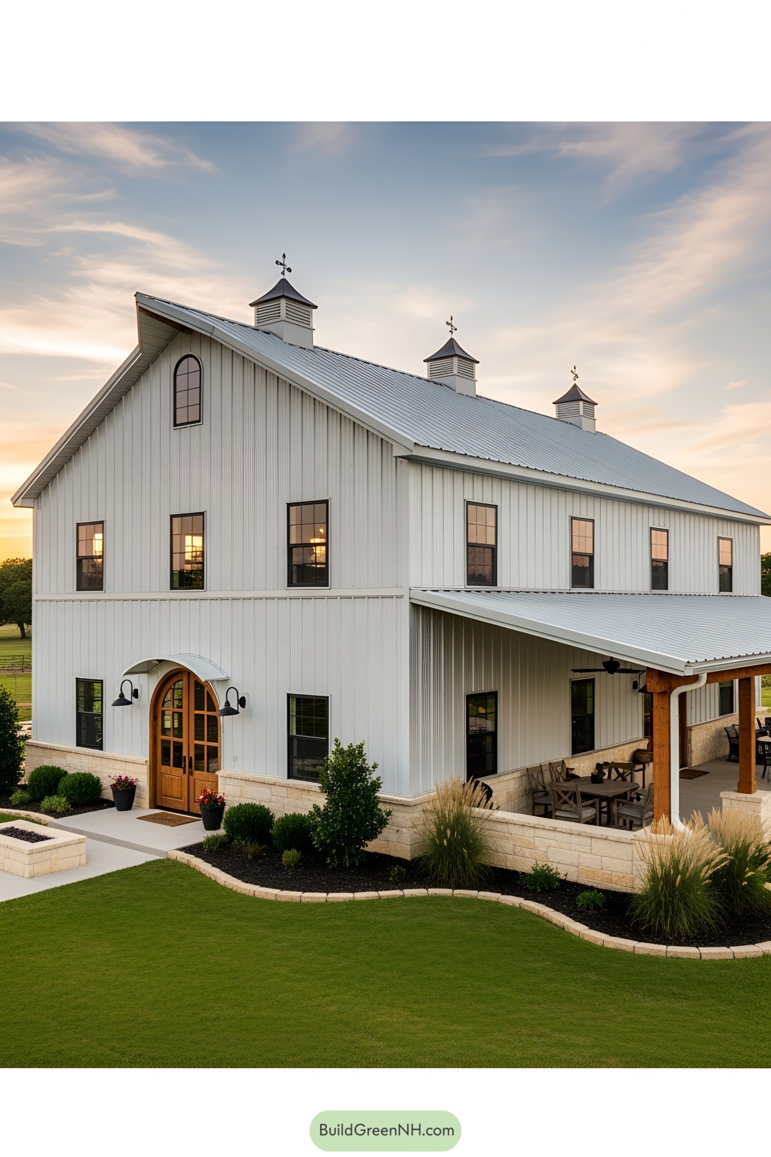 A modern ranch barndominium with a metal roof and rustic accents