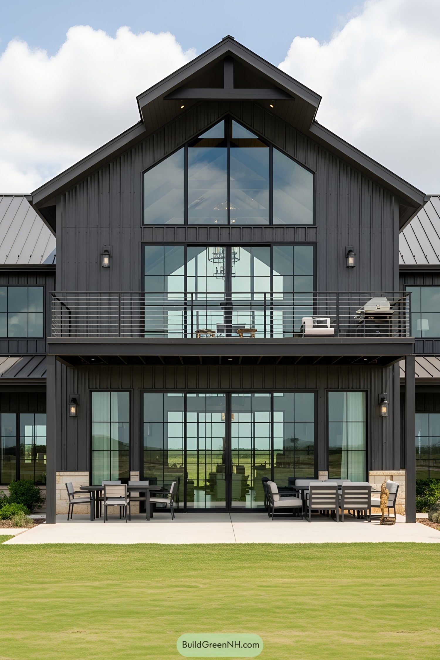 Modern barndominium with large windows and outdoor seating