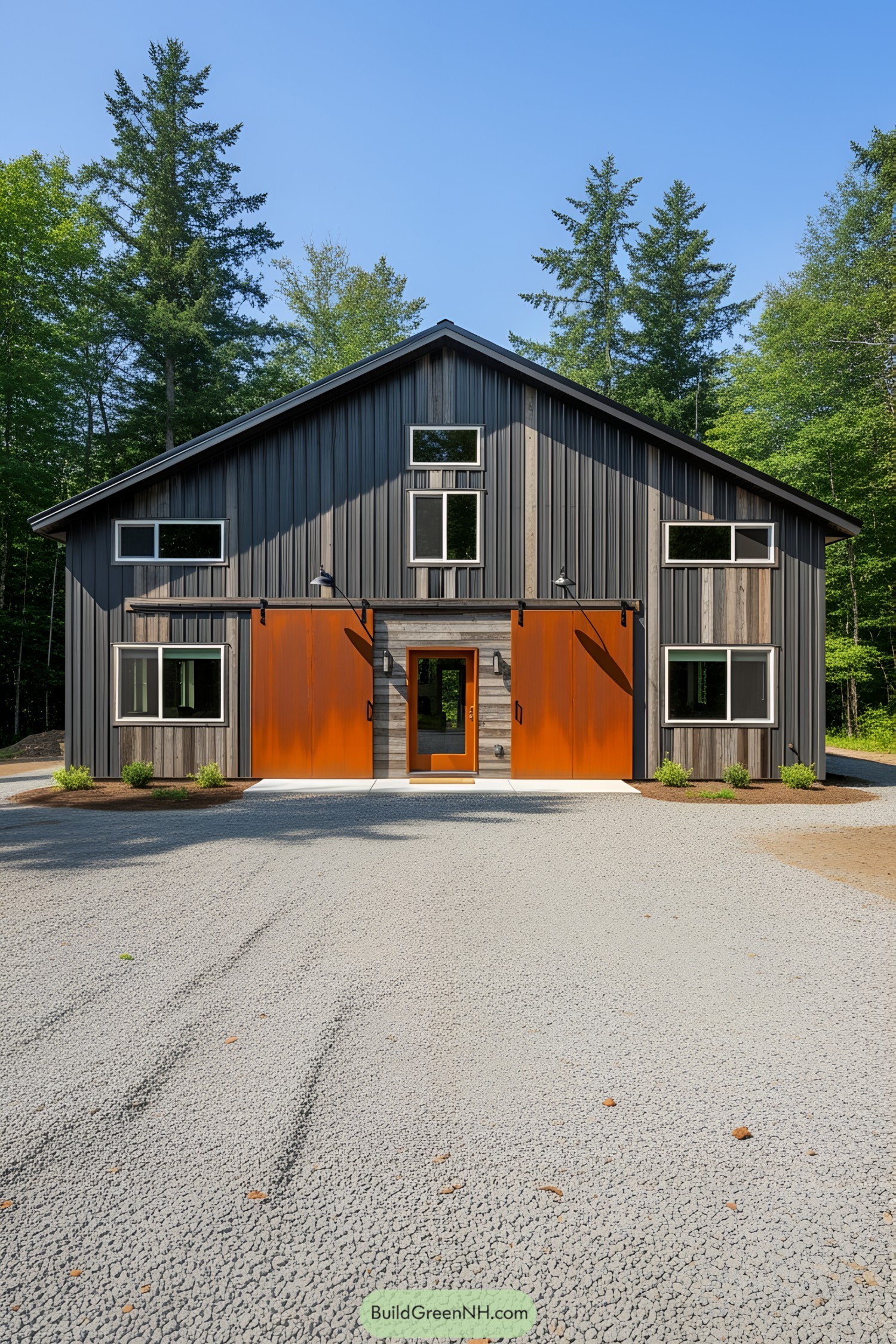 Contemporary barndominium with wooden accents