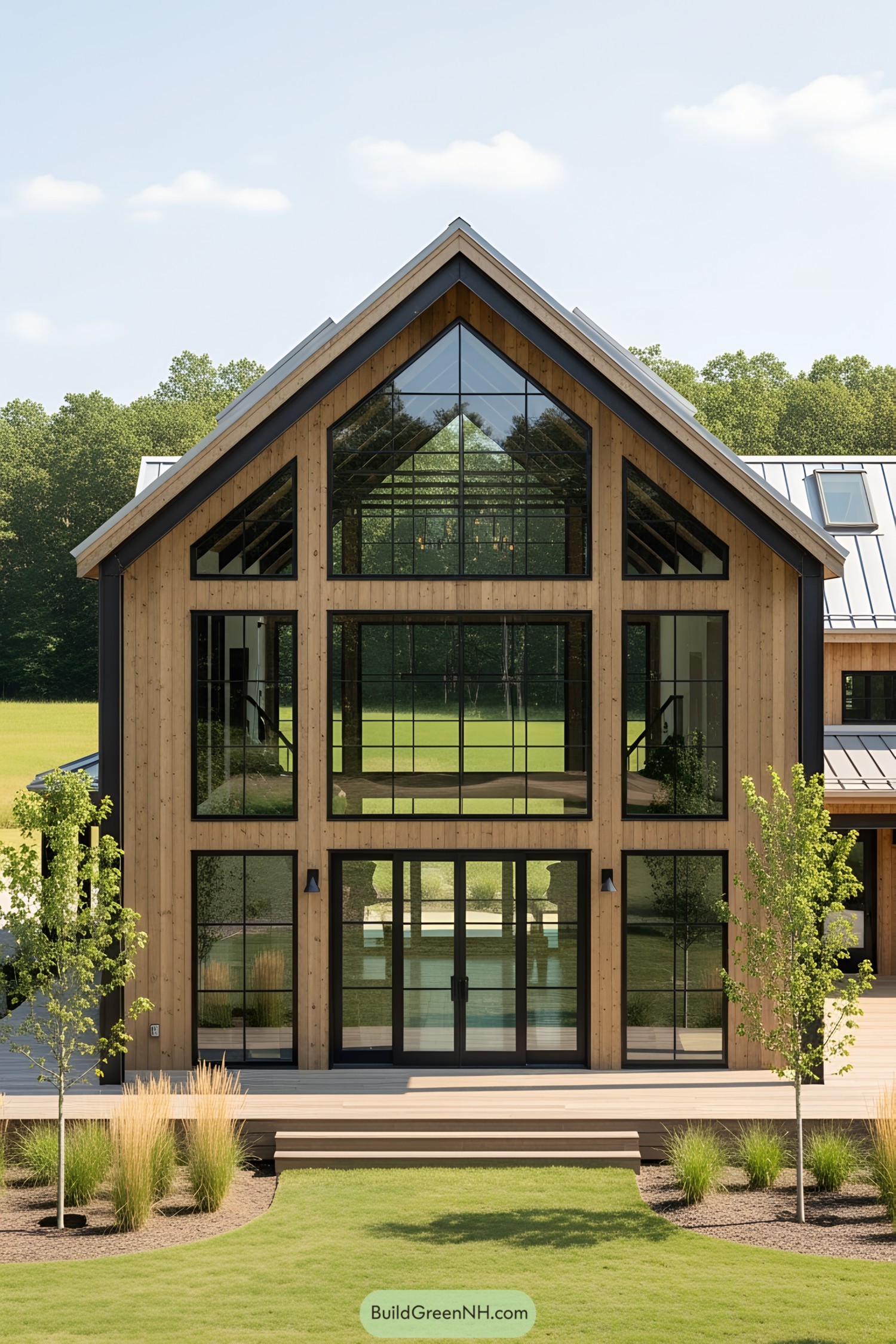 Modern barndominium with expansive glass facade