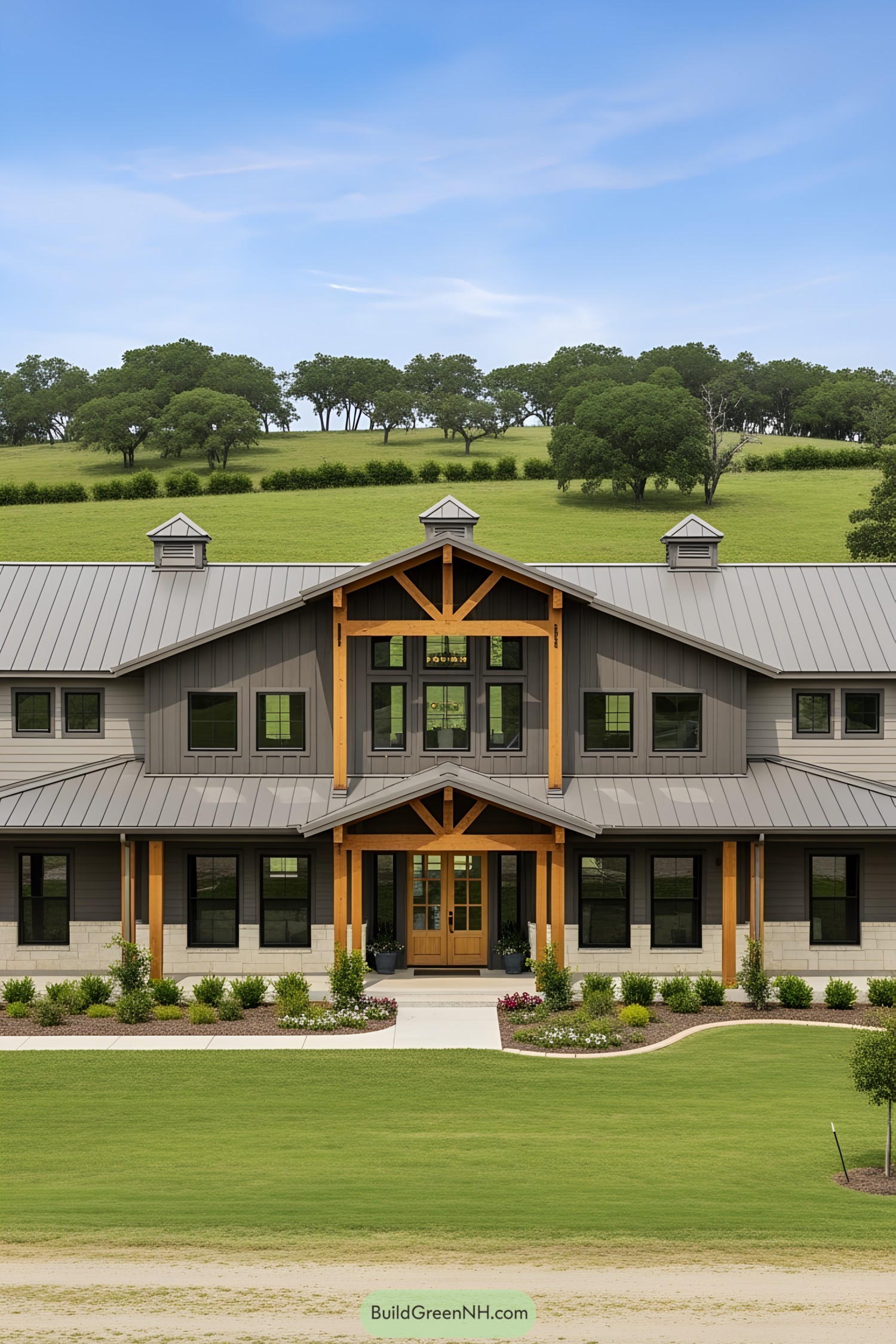 Barndominium with wooden accents and expansive windows