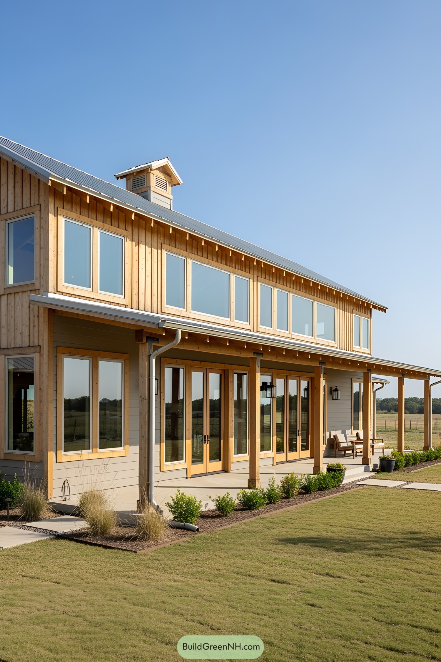 Modern barndominium with large windows