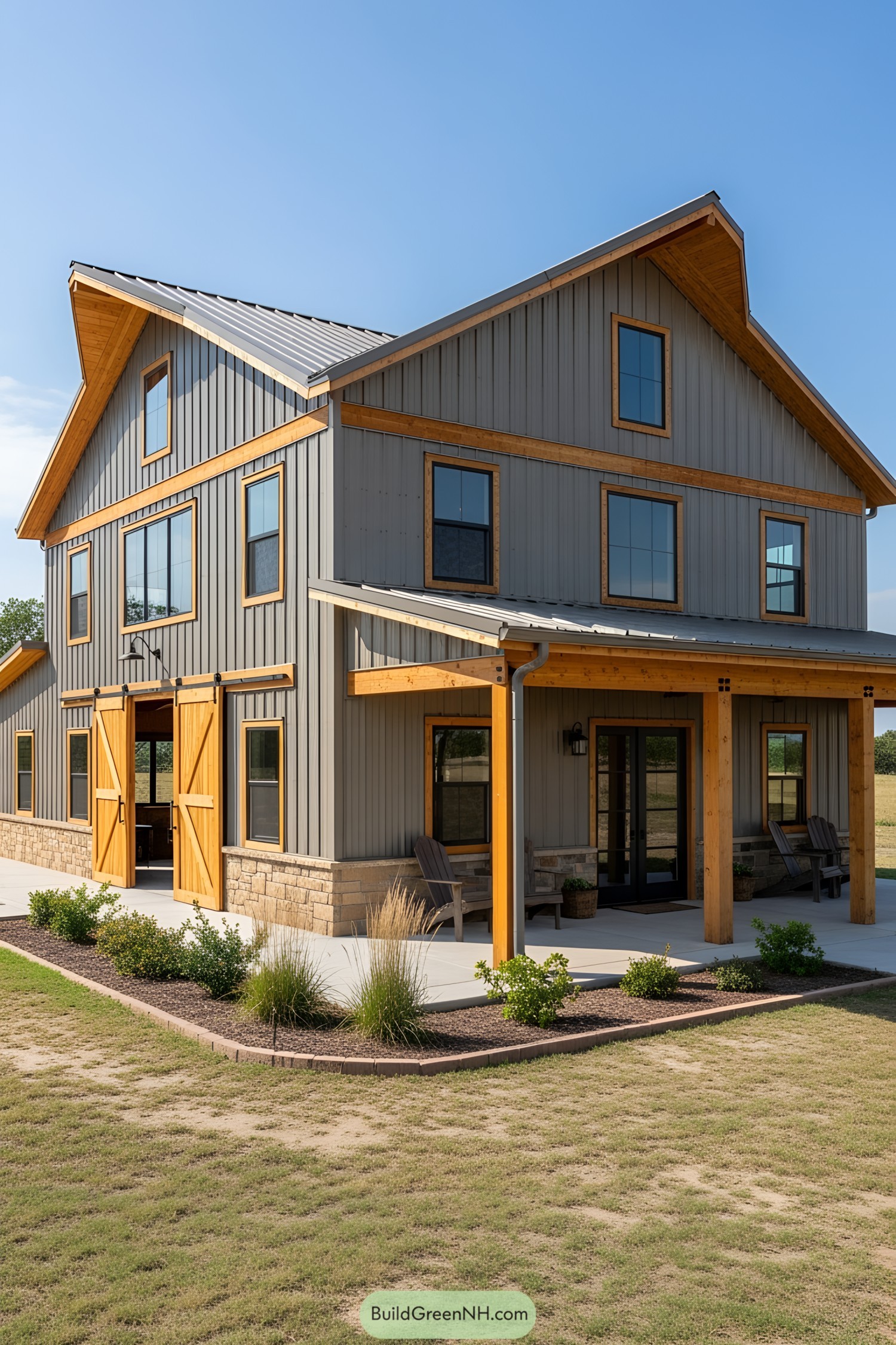 Chic barndominium with wooden accents against a clear sky