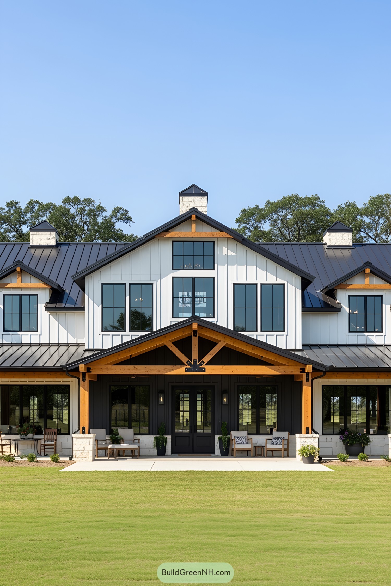 A stylish barndominium amidst green fields