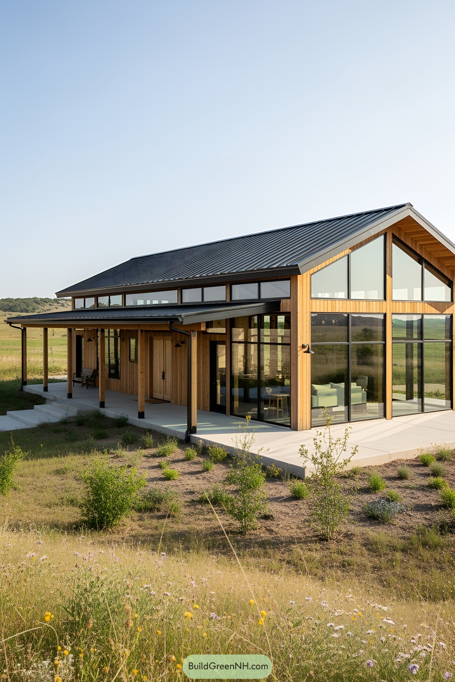 Modern barndominium with glass front and wooden exterior