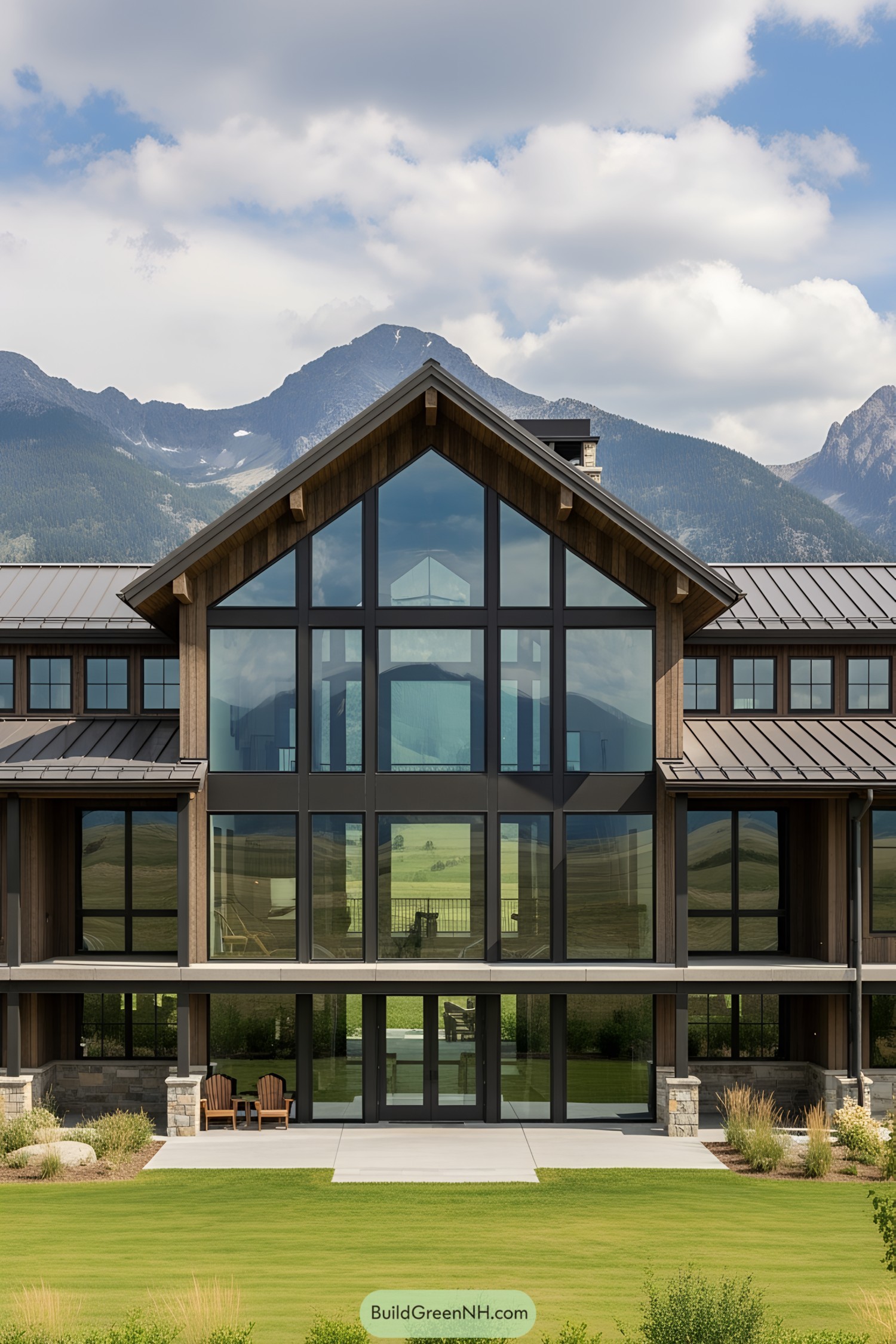 Modern barndominium with mountain backdrop