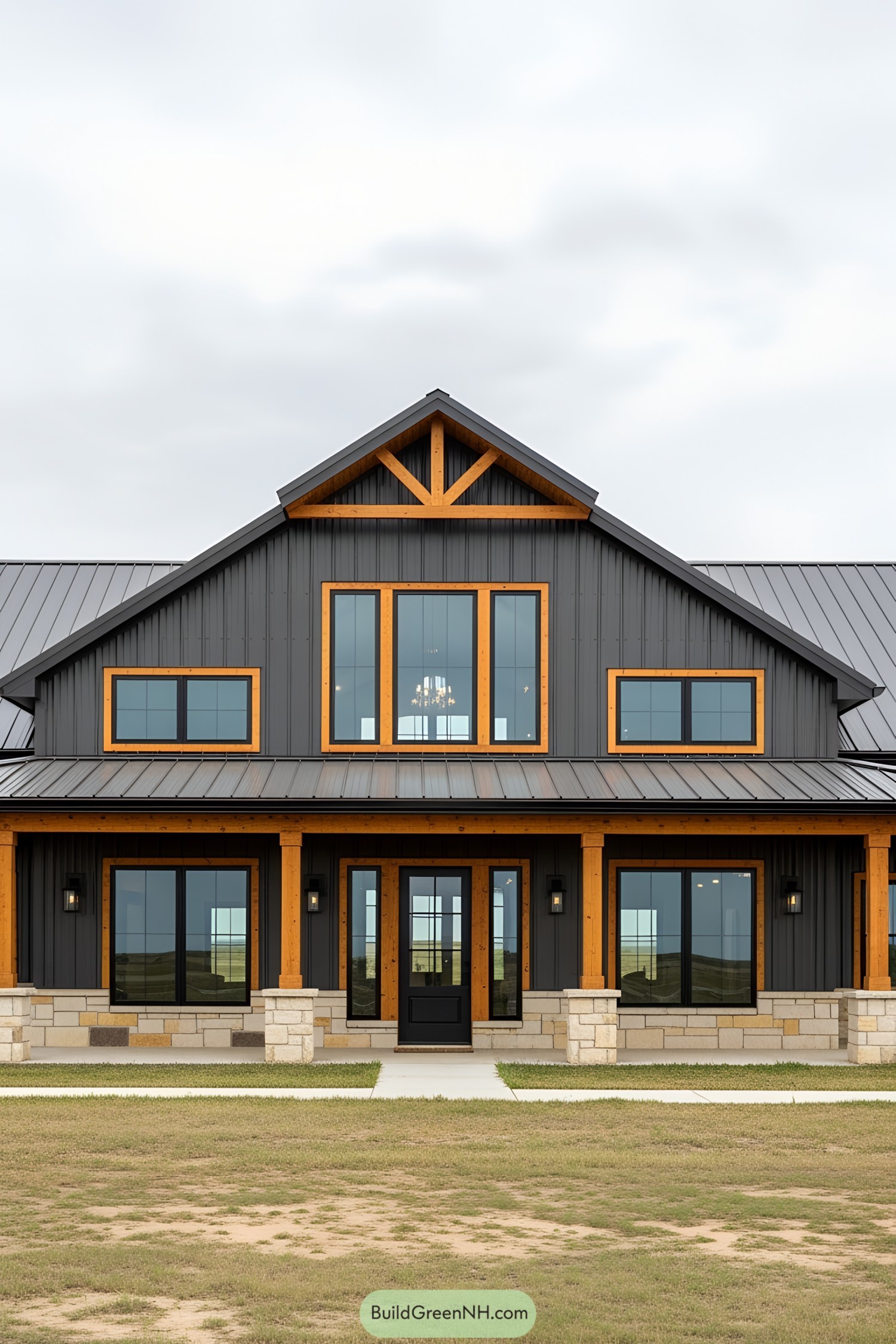 Stylish barndominium with large windows and wooden accents