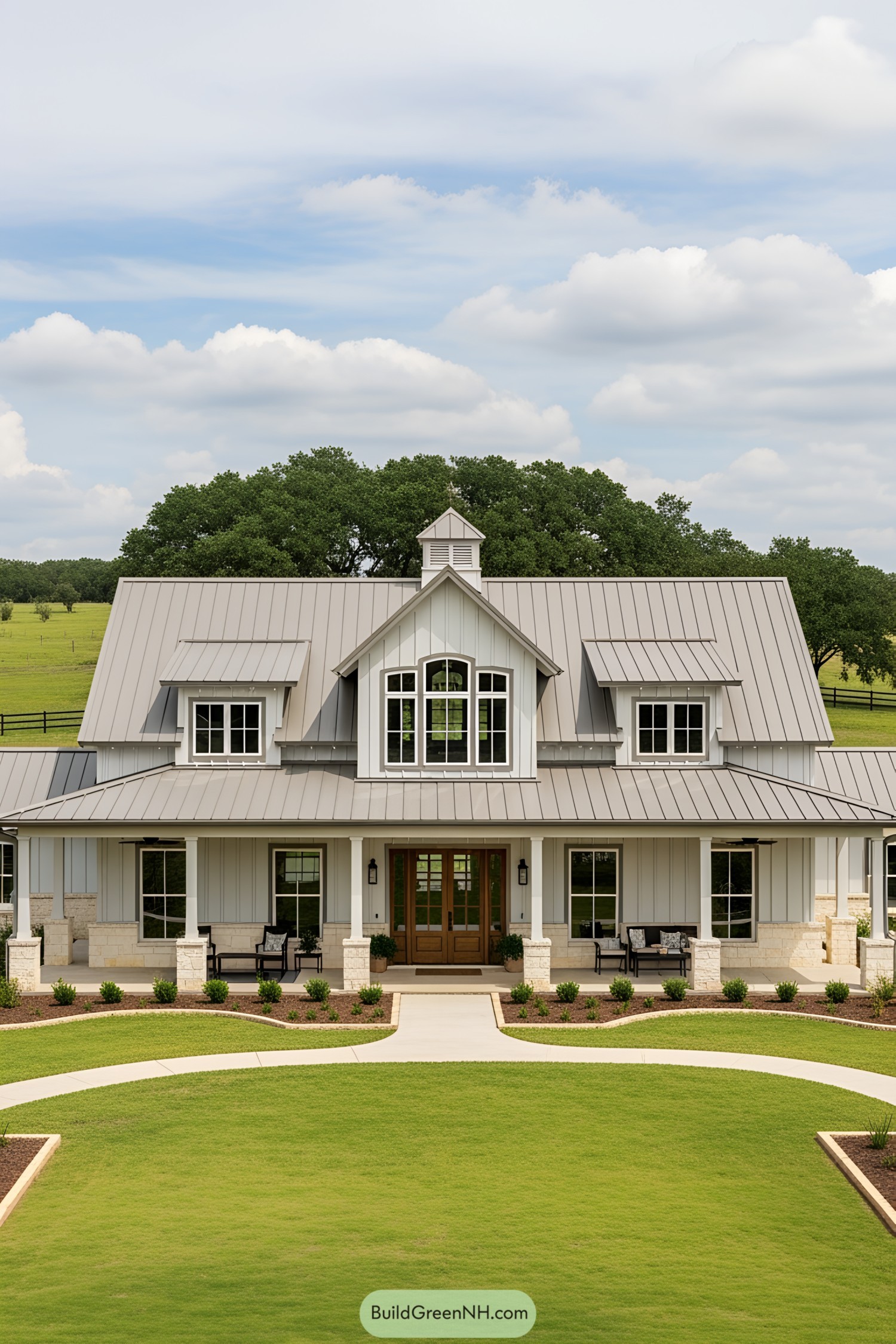 Elegant barndominium with classic ranch appeal and expansive greenery