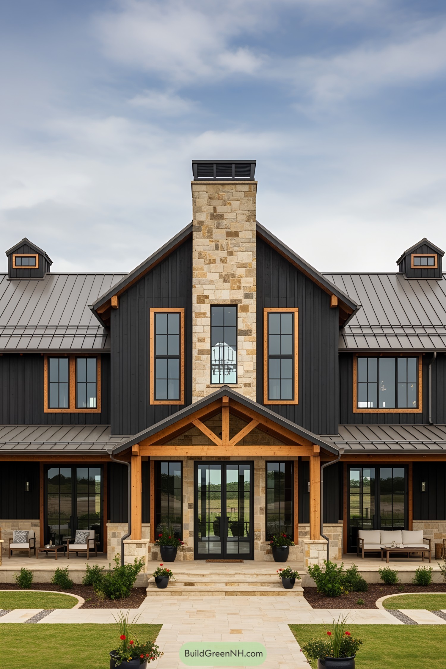 Black and stone ranch-style barndominium with a welcoming porch