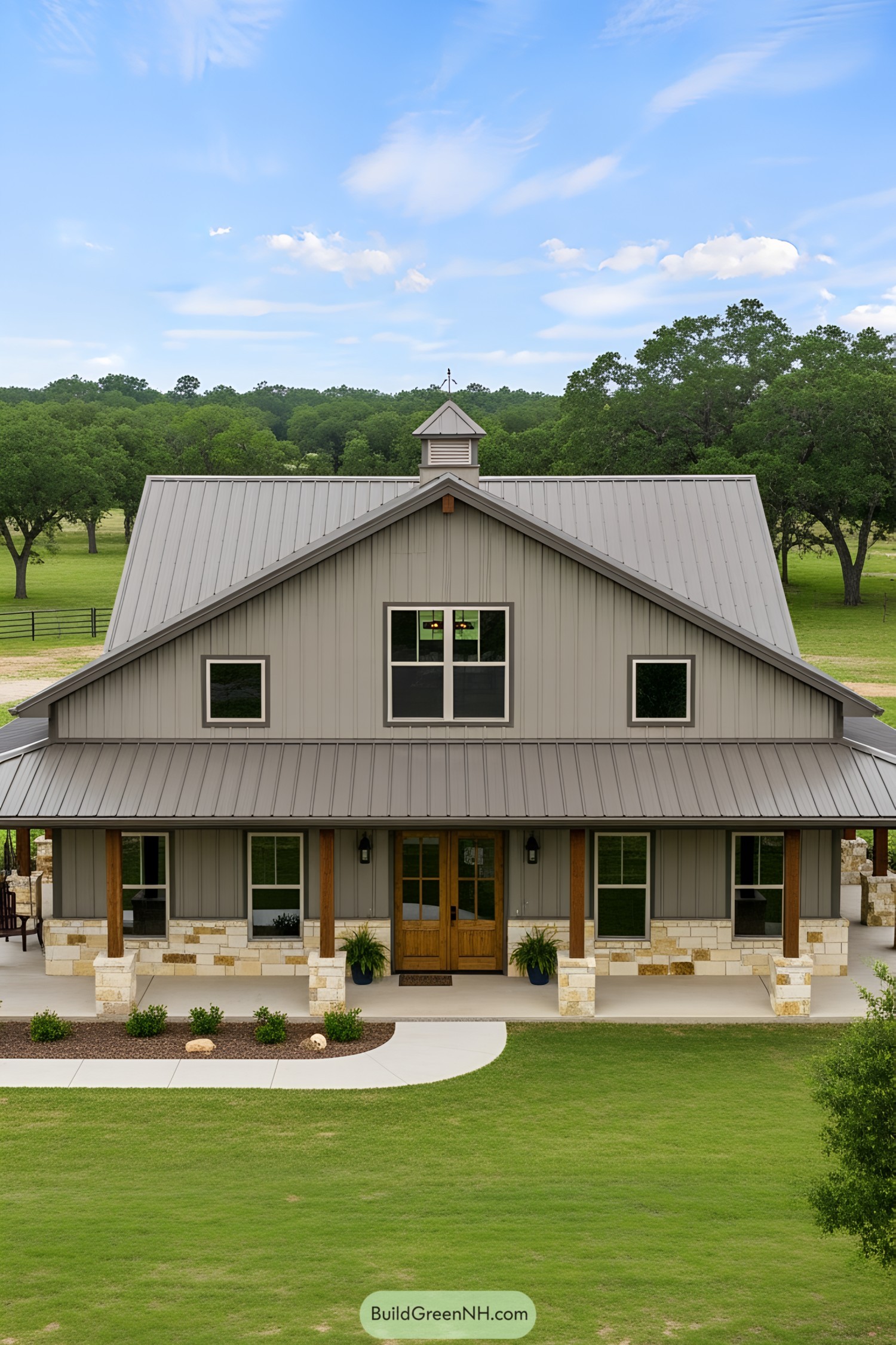 Barndominium with a gray metal roof and wooden accents