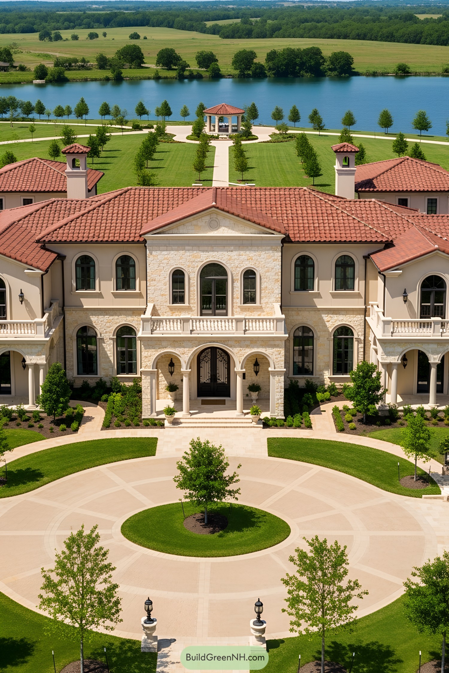 Grand mansion with red tiled roof by a serene lake