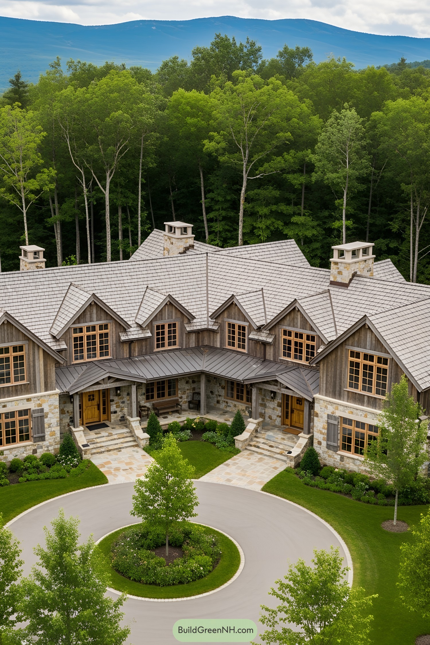 Large ranch house with stone walls and lush green surroundings