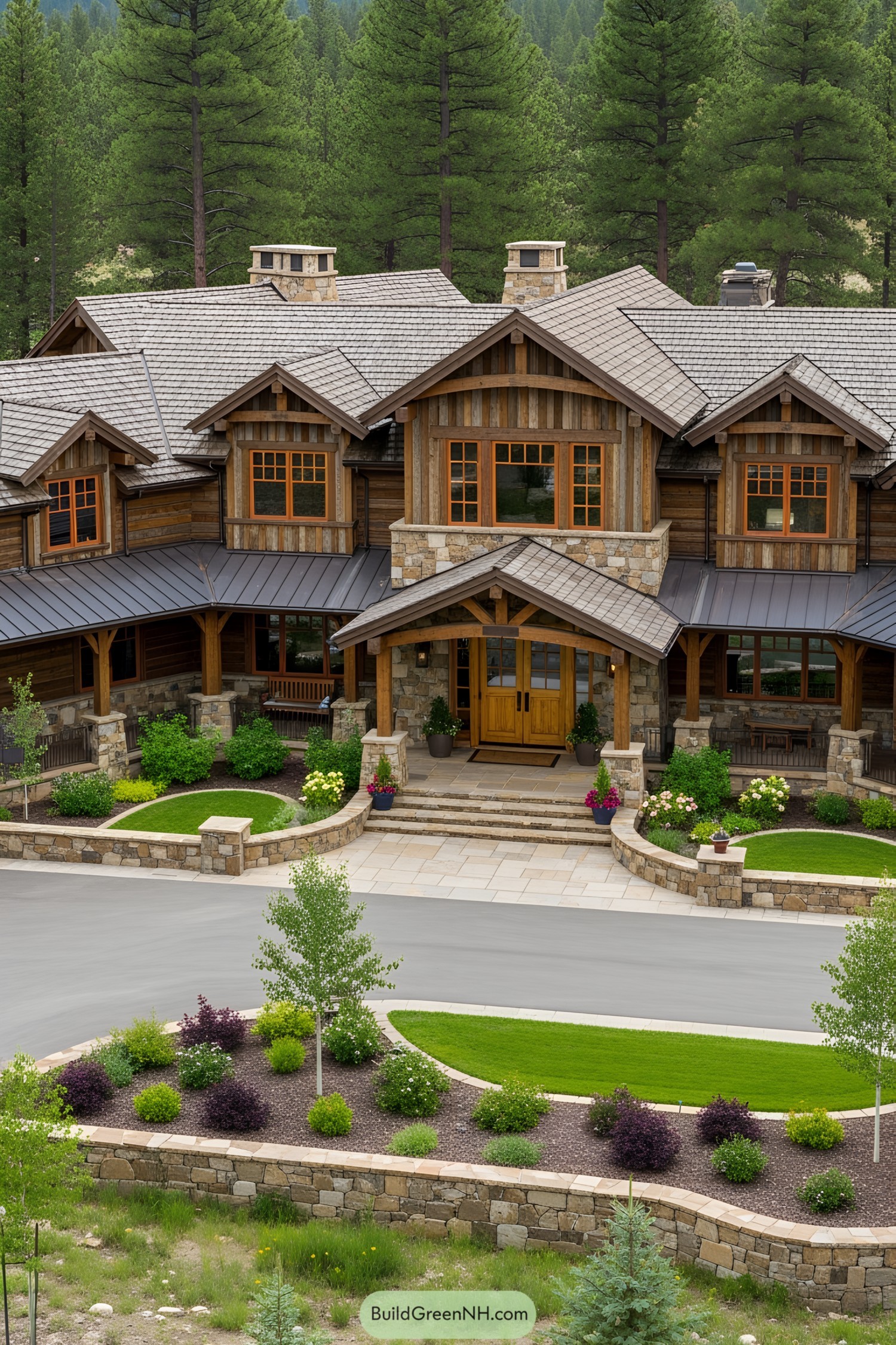 Large wooden ranch mansion with lush landscaping