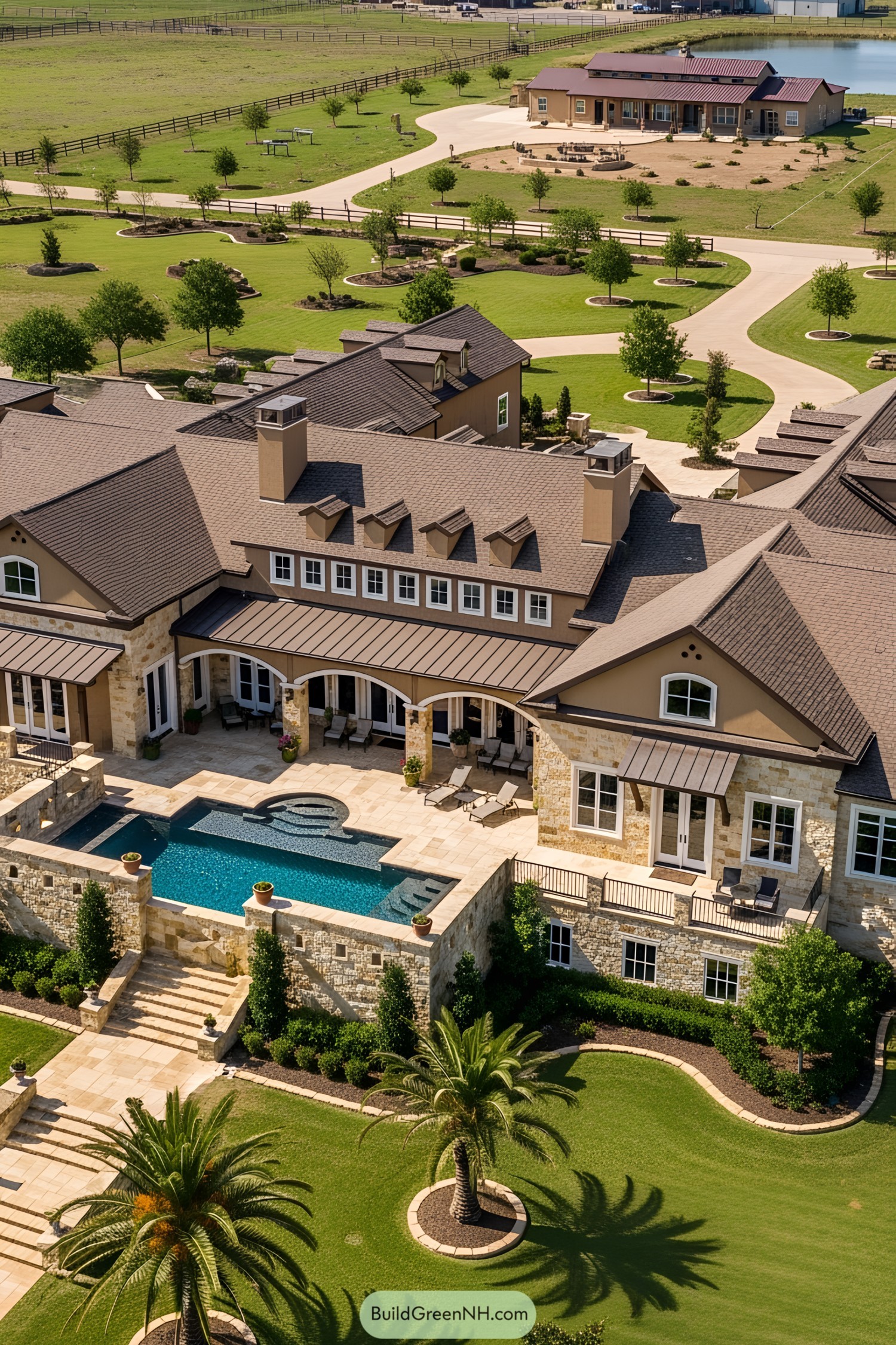 Stone mansion with swimming pool and spacious yard
