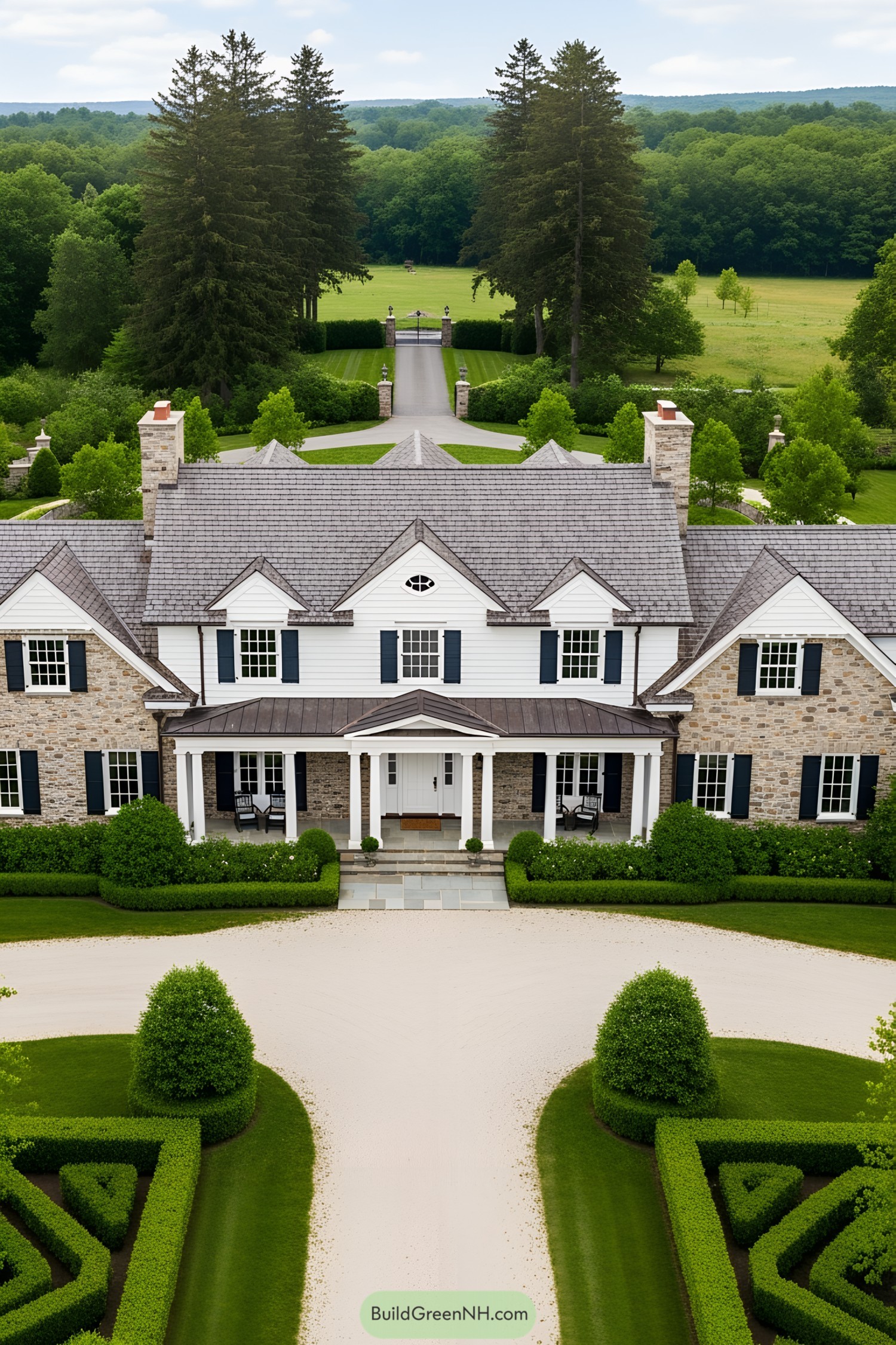 Grand ranch mansion with stone facade and lush surroundings