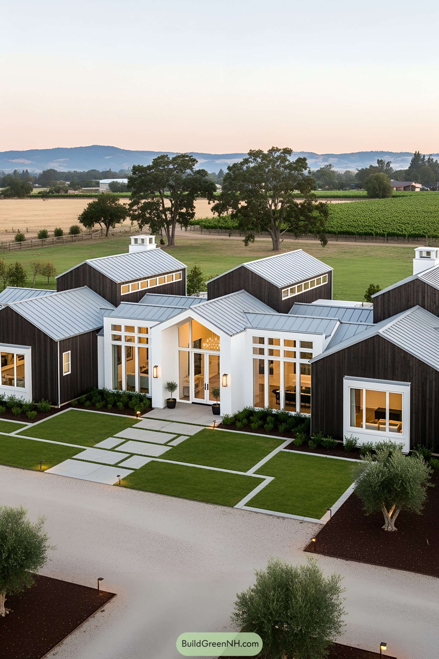 Ranch mansion, contemporary farmhouse-inspired facade with a combination of dark-stained vertical wood siding and white accents, elongated single-story shape with multiple interconnected pavilions forming a sprawling footprint, exterior clad in natural wood with modern clean lines, standing-seam metal roofing in a cool gray tone with multiple low-pitched gable roof sections, large windows utilizing floor-to-ceiling glass panels and clerestory bands enhancing linear forms, prominent central entrance featuring a wide glass door framed by minimalist white trim and flanked by sidelights, generous front gravel driveway bordered by geometric green lawns and newly planted olive trees, subtle outdoor lighting, modern landscaping with defined planting beds and a mix of grass and mulch, several mature trees strategically placed, surrounded by expansive open fields and adjacent vineyard rows, set against a scenic rural backdrop with distant rolling hills and an open sky, viewed from an aerial perspective showcasing the harmonious integration with the landscape.