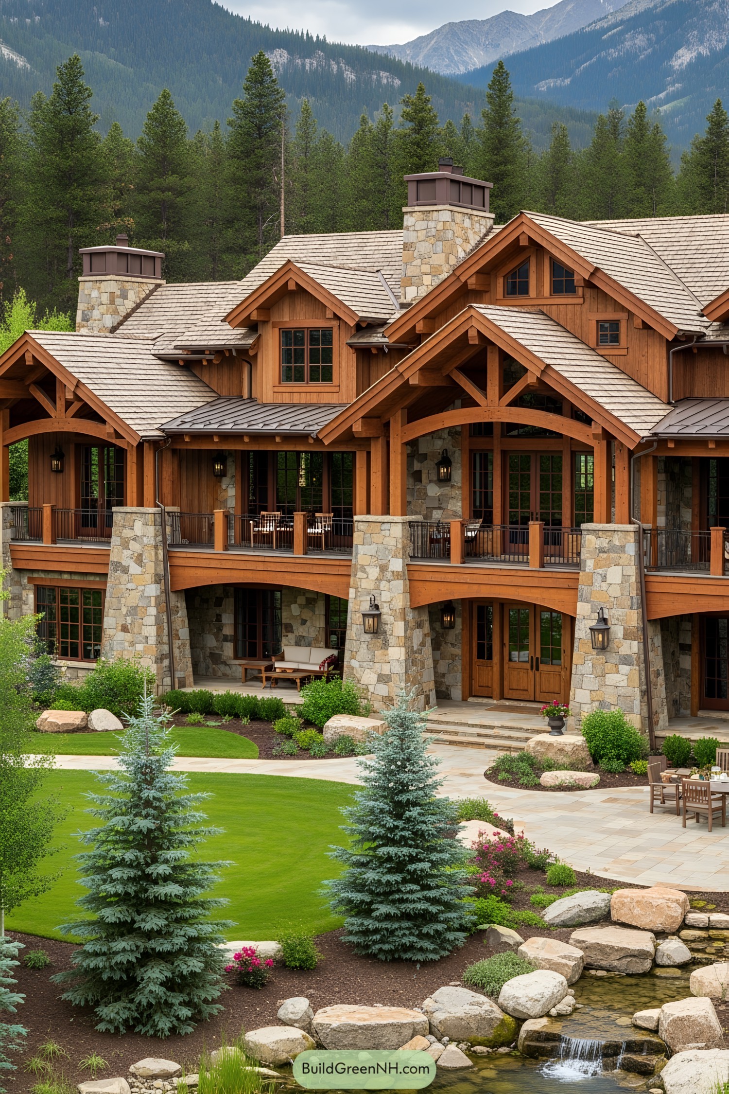Grand stone and wood ranch mansion in a mountain setting
