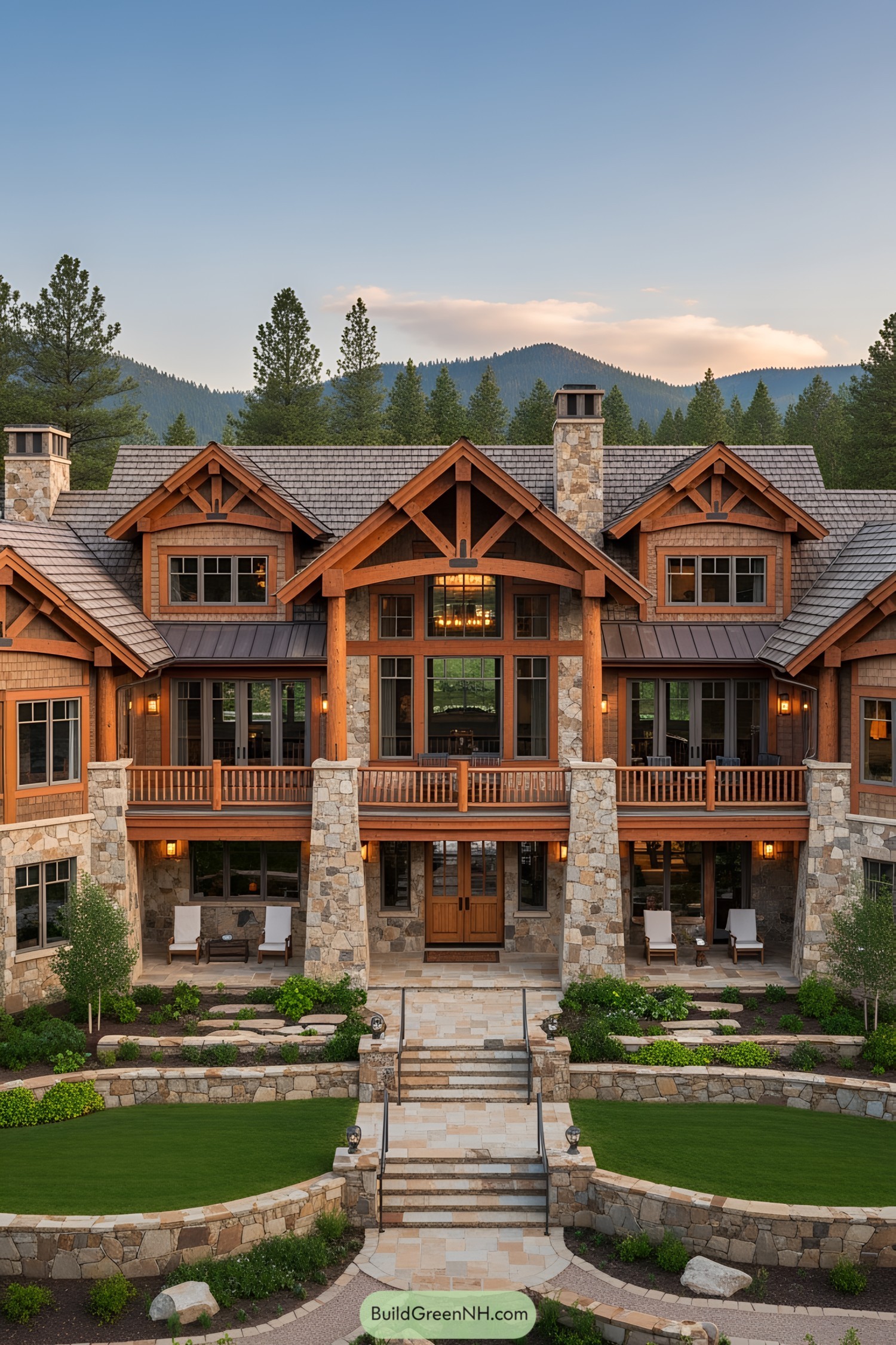 Ranch mansion with stone facade and lush greenery