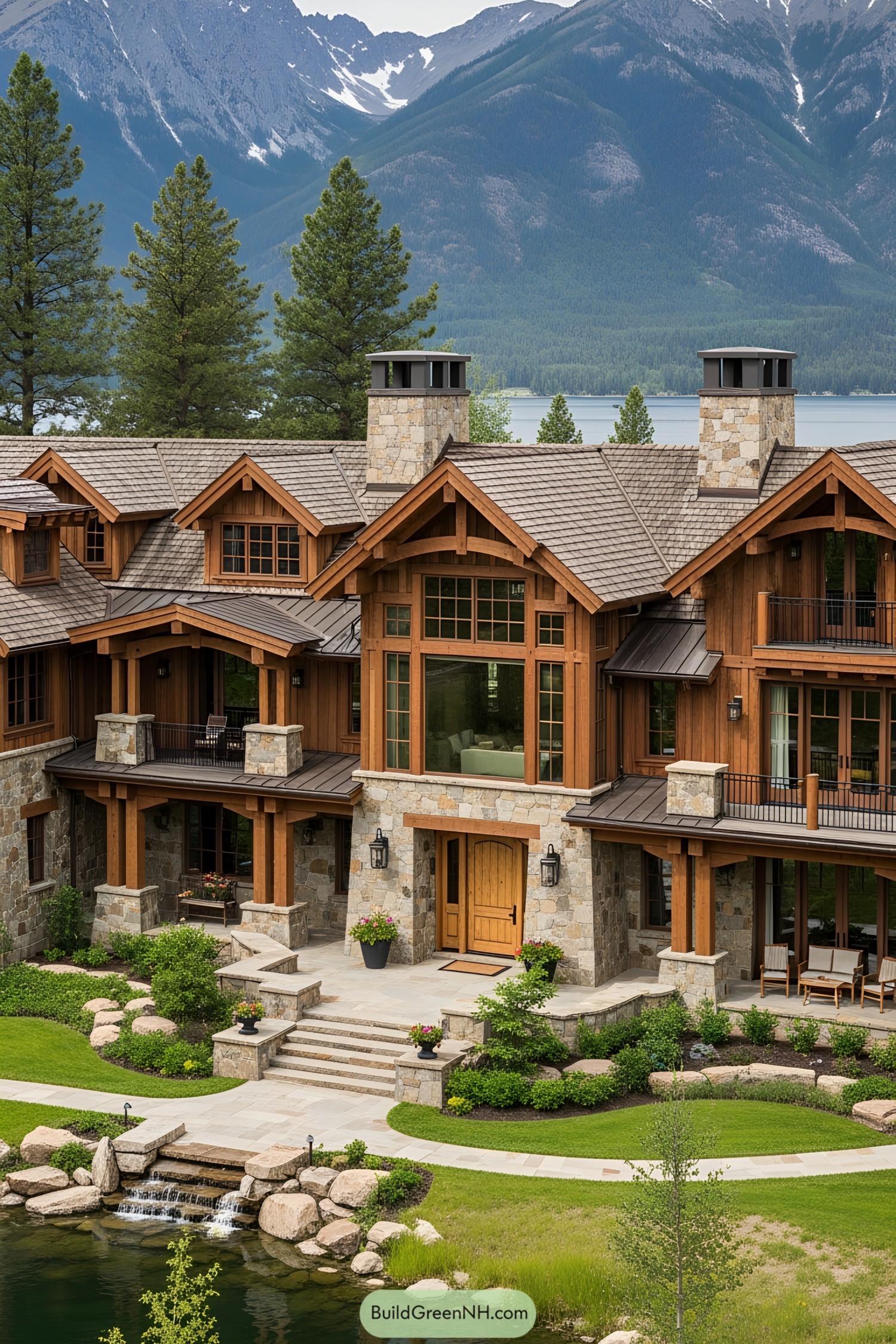 Luxurious wooden mansion with mountain backdrop