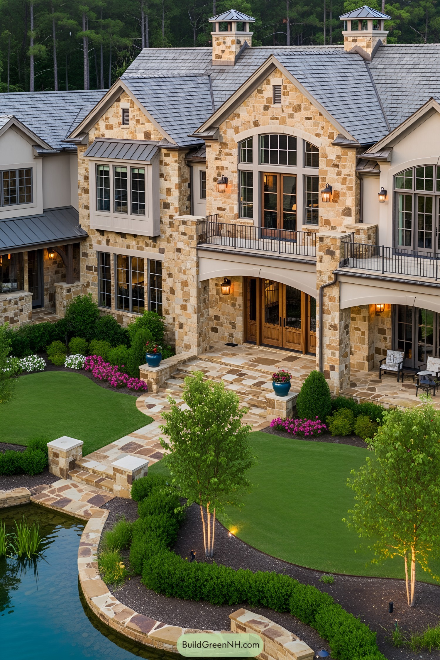 Elegant stone ranch house with well-manicured lawn and pond