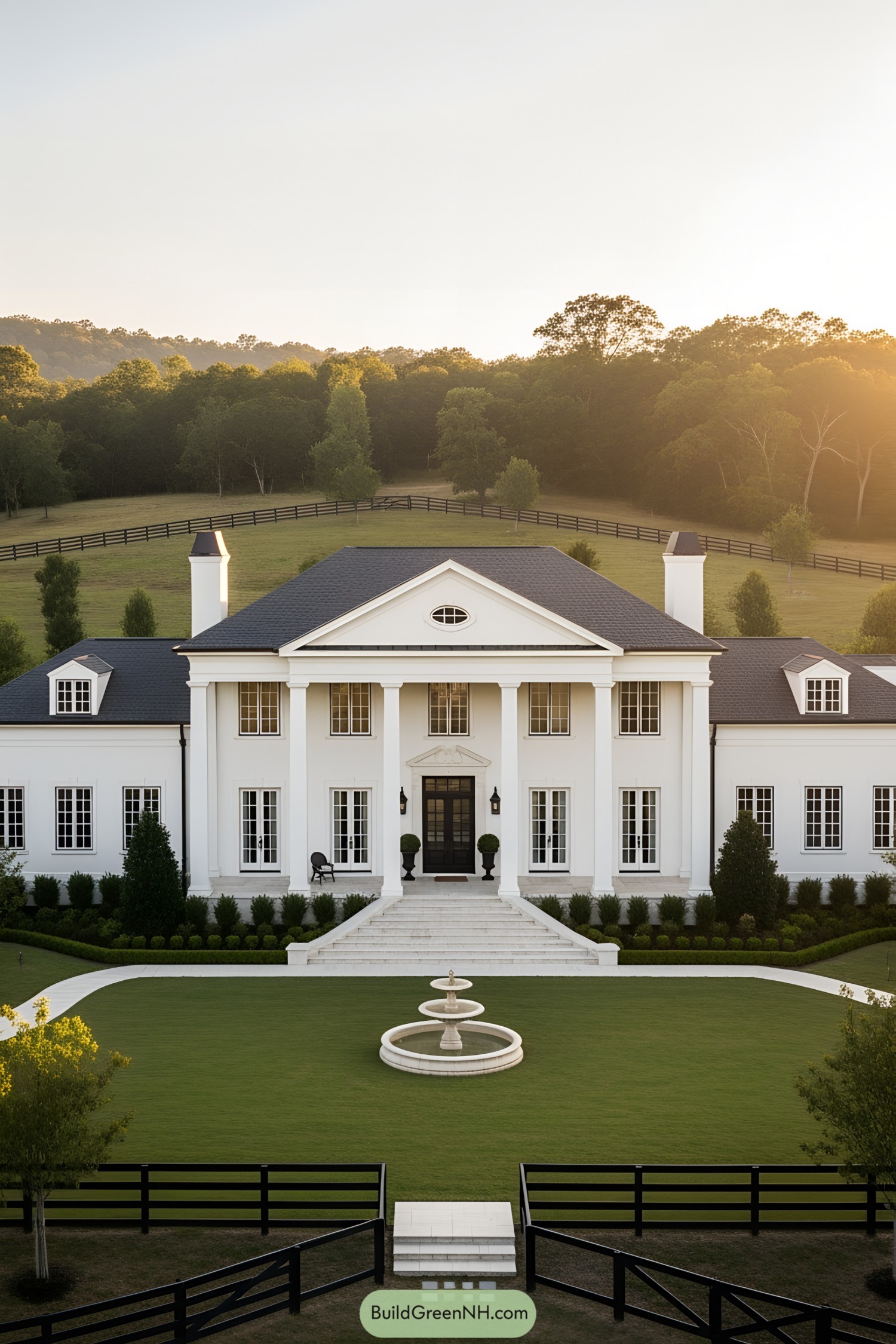 Elegant white mansion with expansive lawn and columns