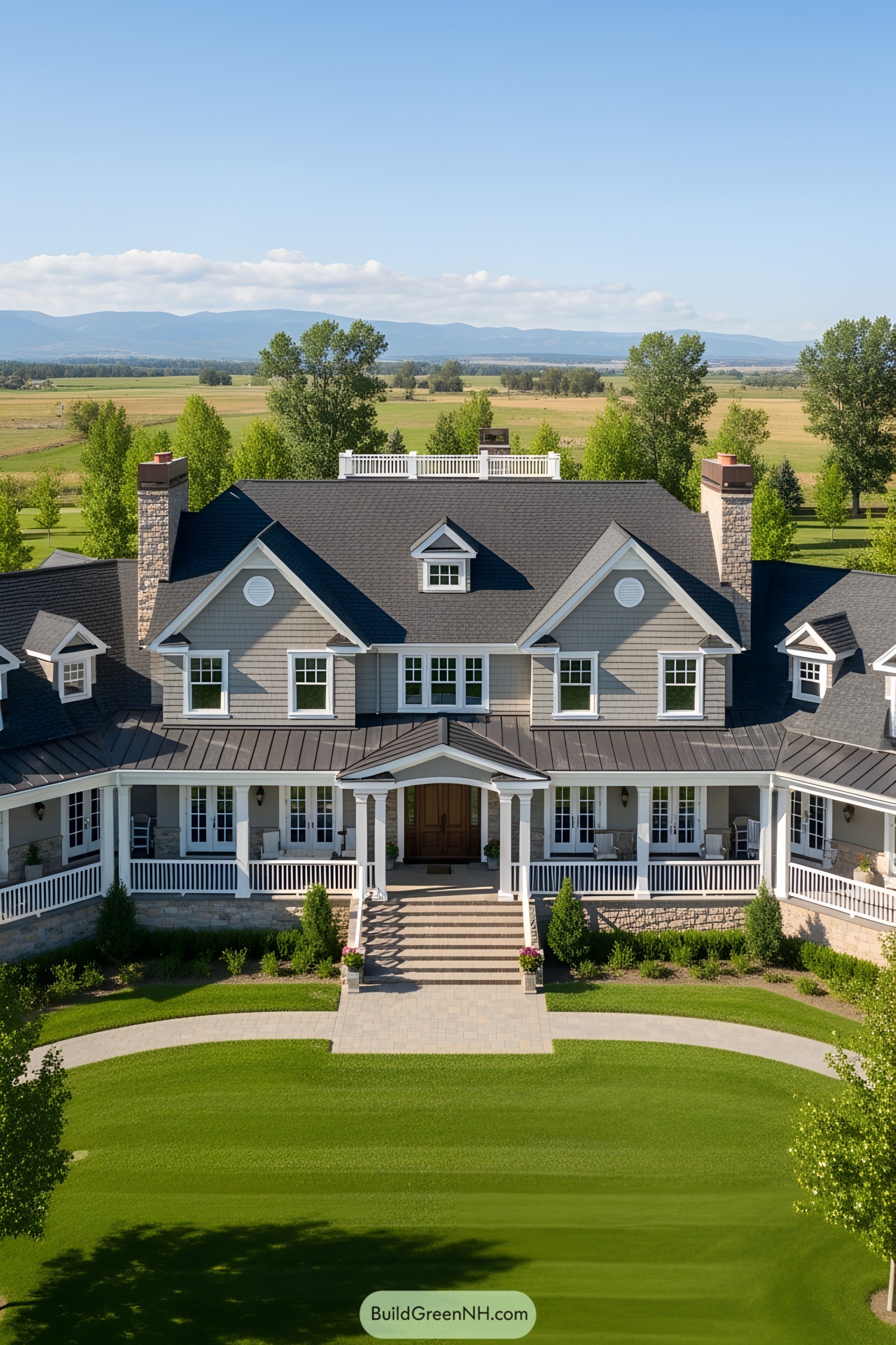 Large ranch mansion with wrap-around porch and distant mountains