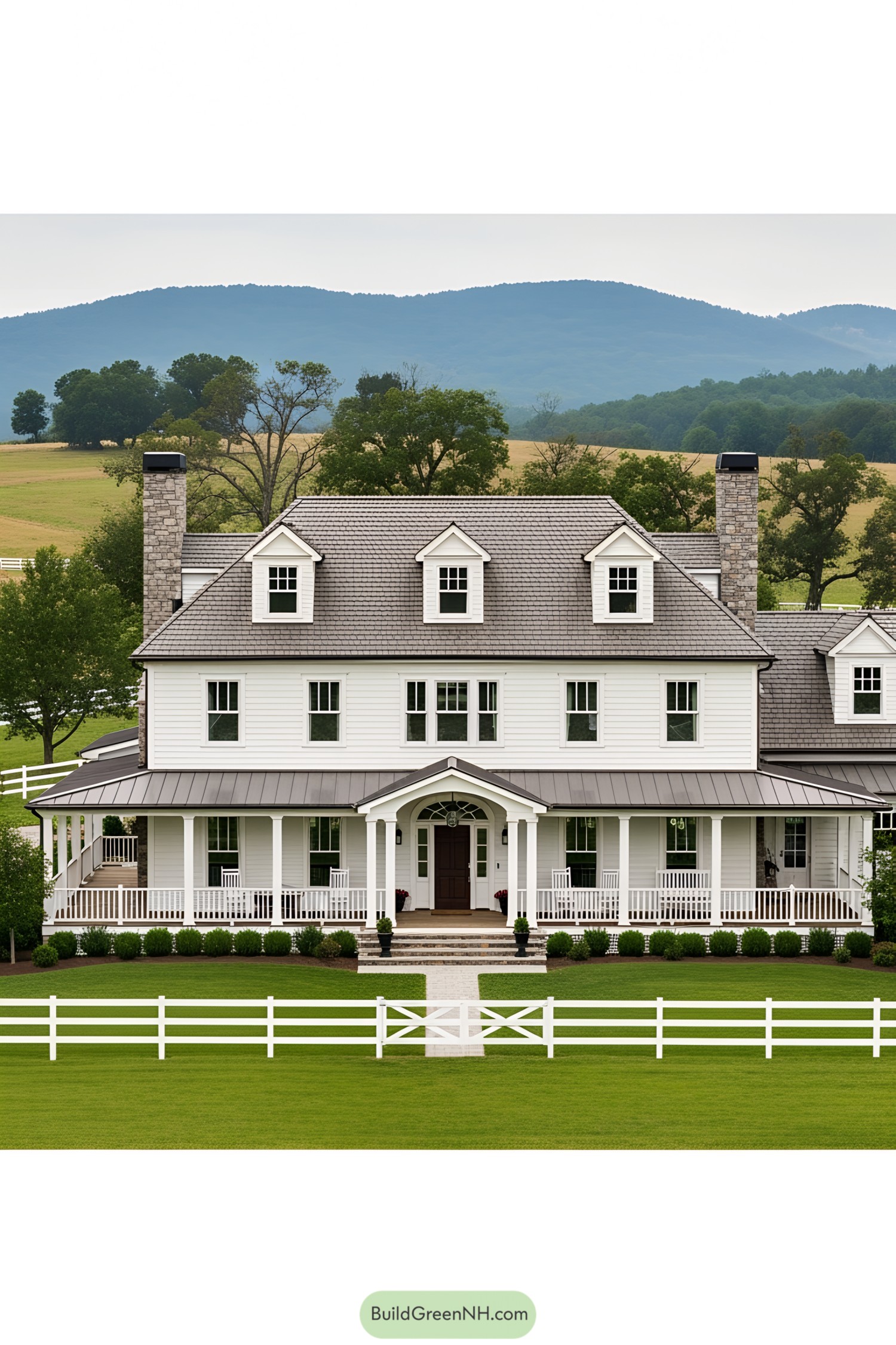 Large white mansion with a wraparound porch and mountainous backdrop