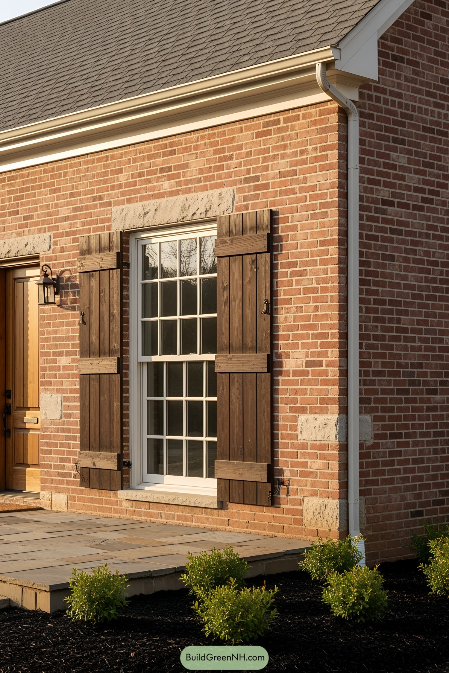 Exterior of a rustic brick house with wooden shutters and stone accents