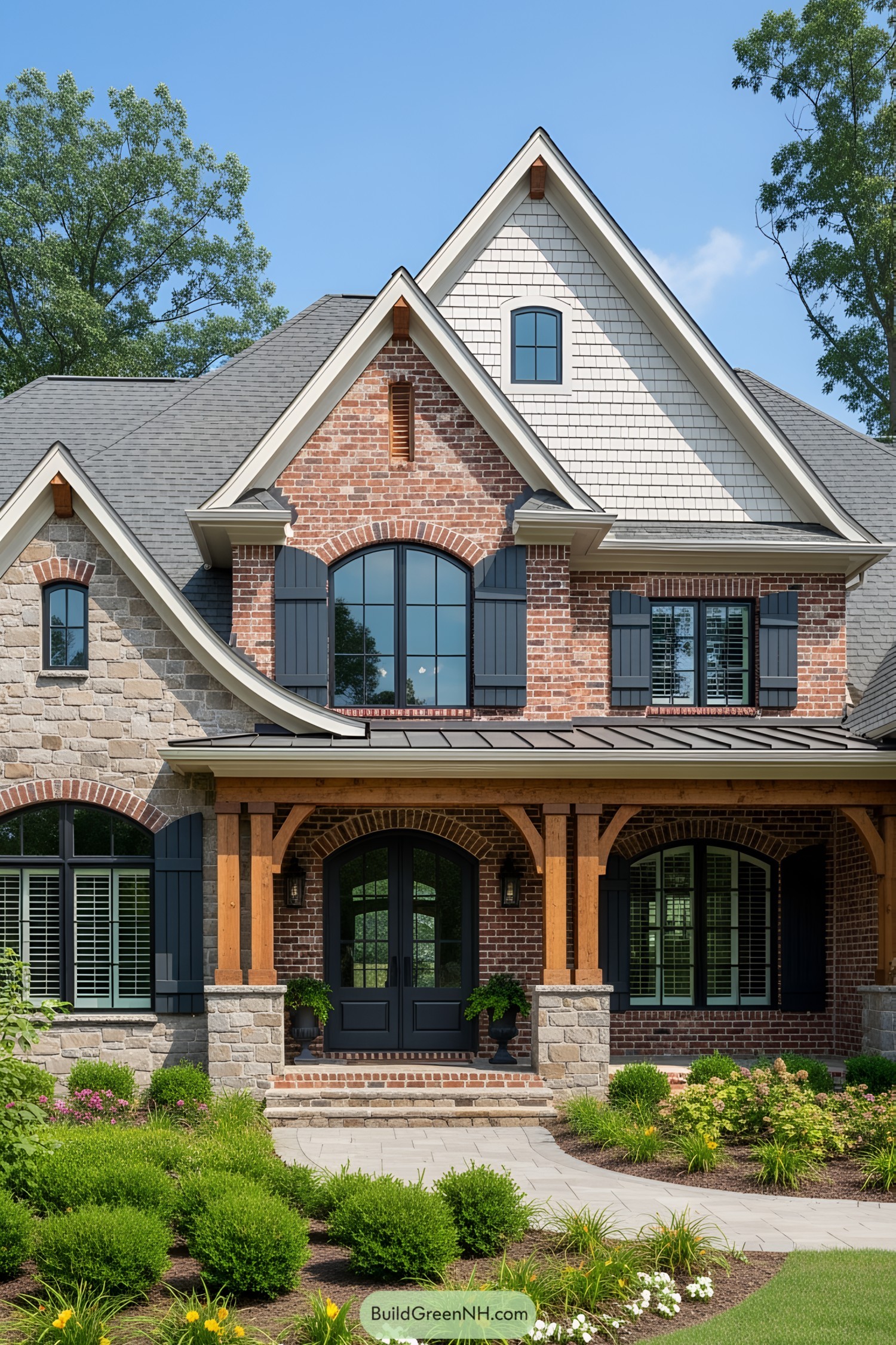 Elegant brick house with wooden accents and lush landscaping