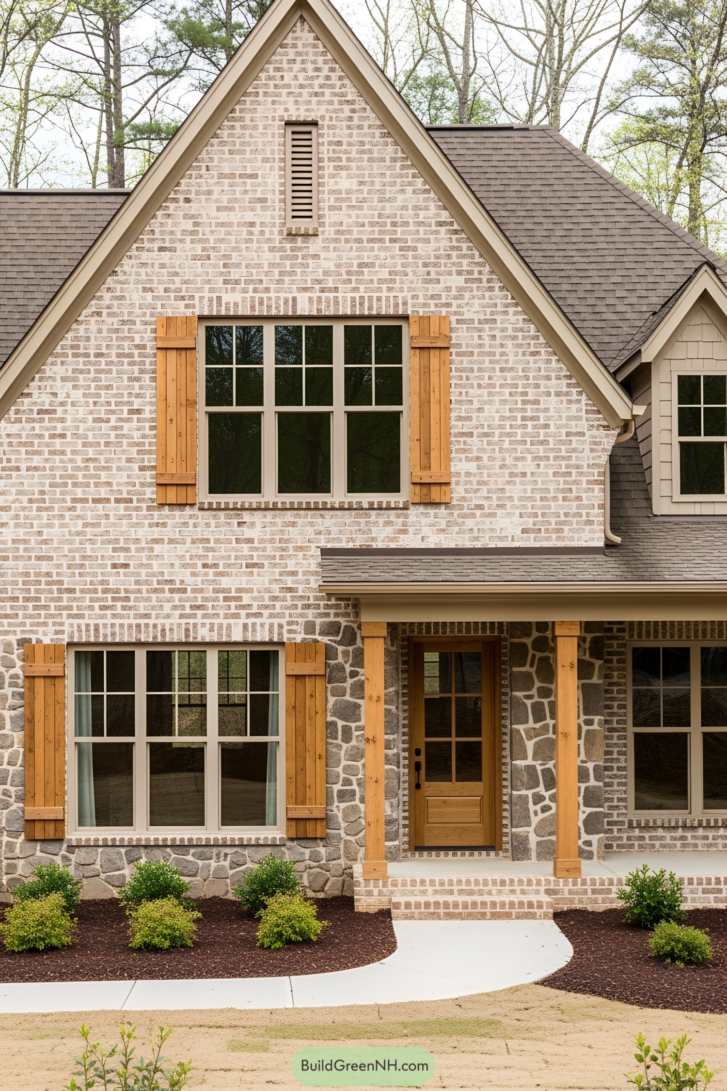 Rustic brick house with wooden shutters