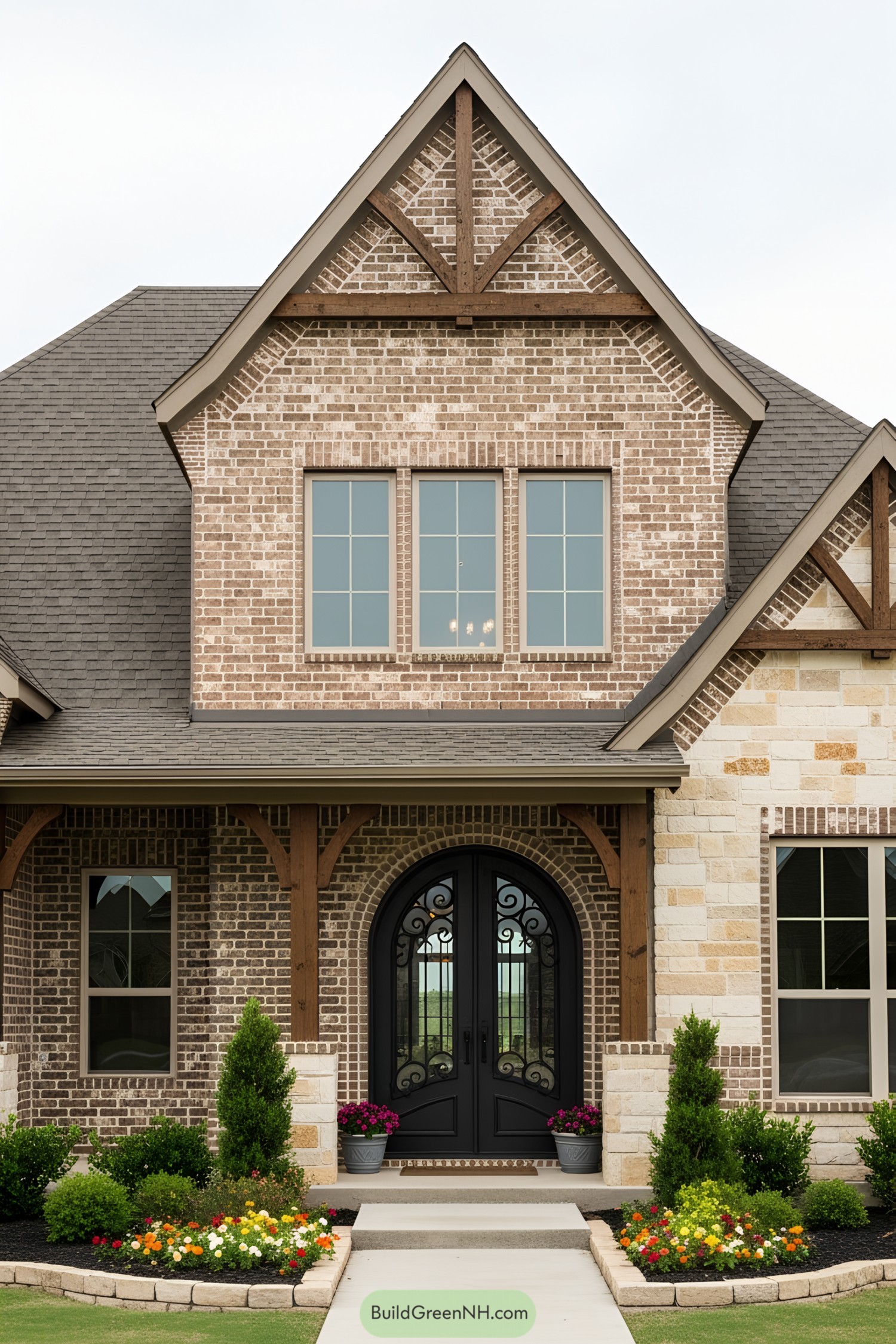 Front view of a rustic brick house with a landscaped garden