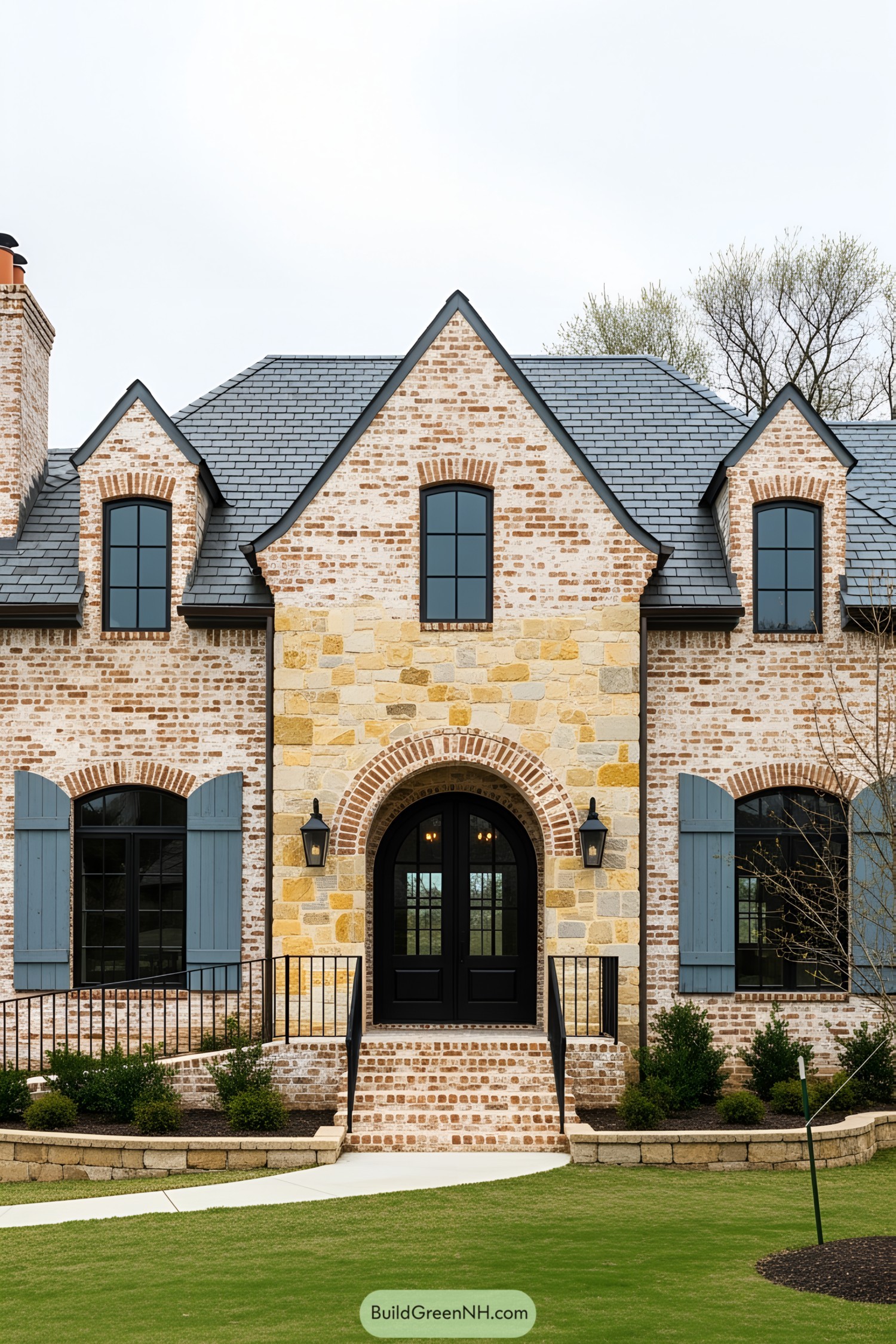 Elegant rustic brick house with blue shutters