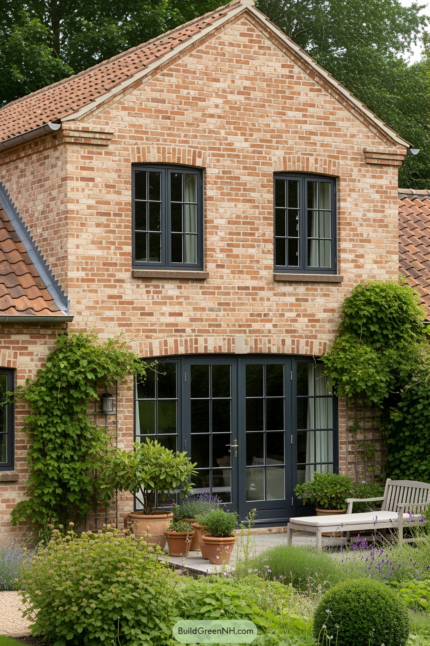 Rustic brick house with lush greenery and modern windows