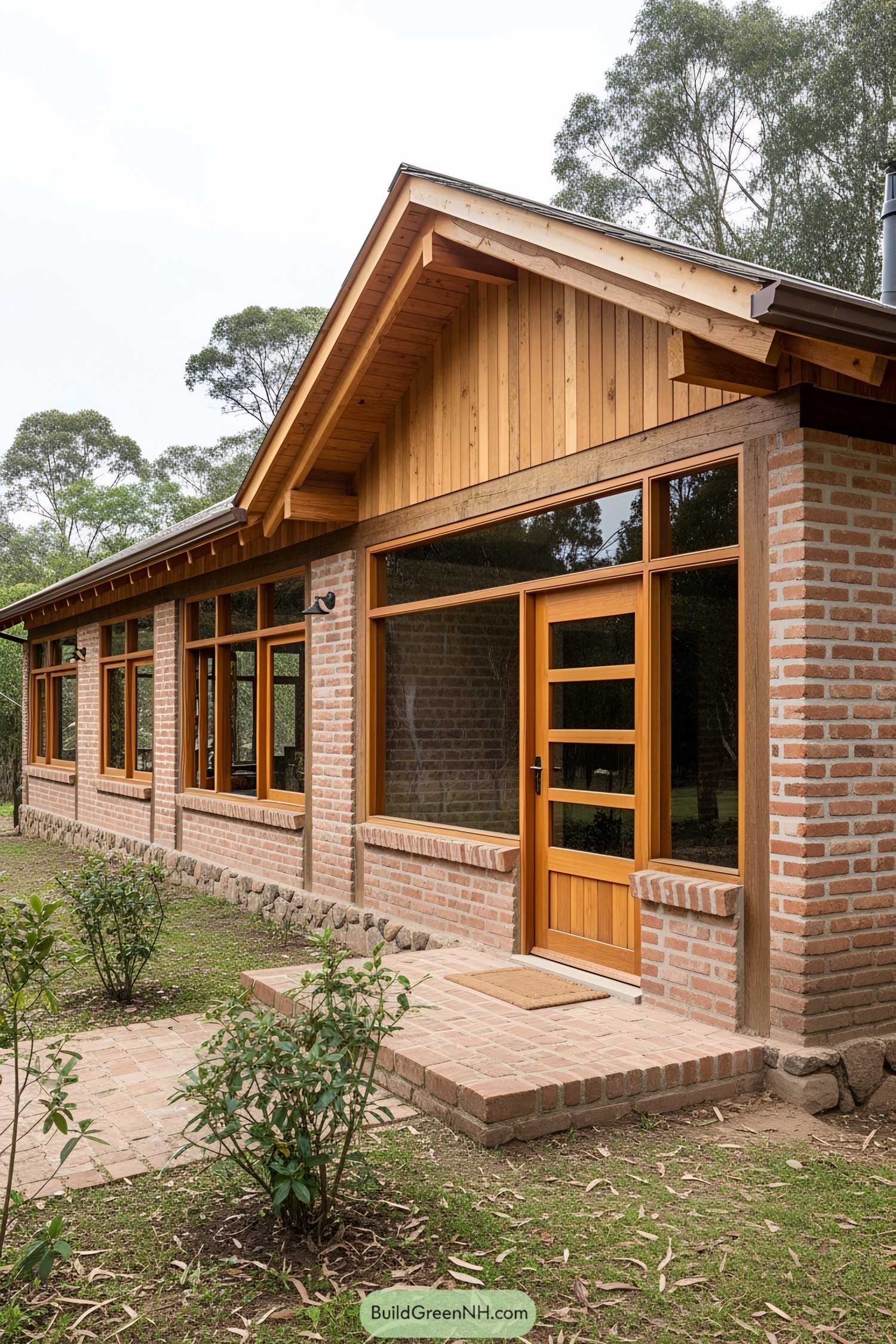 Rustic brick house with wooden accents and large windows