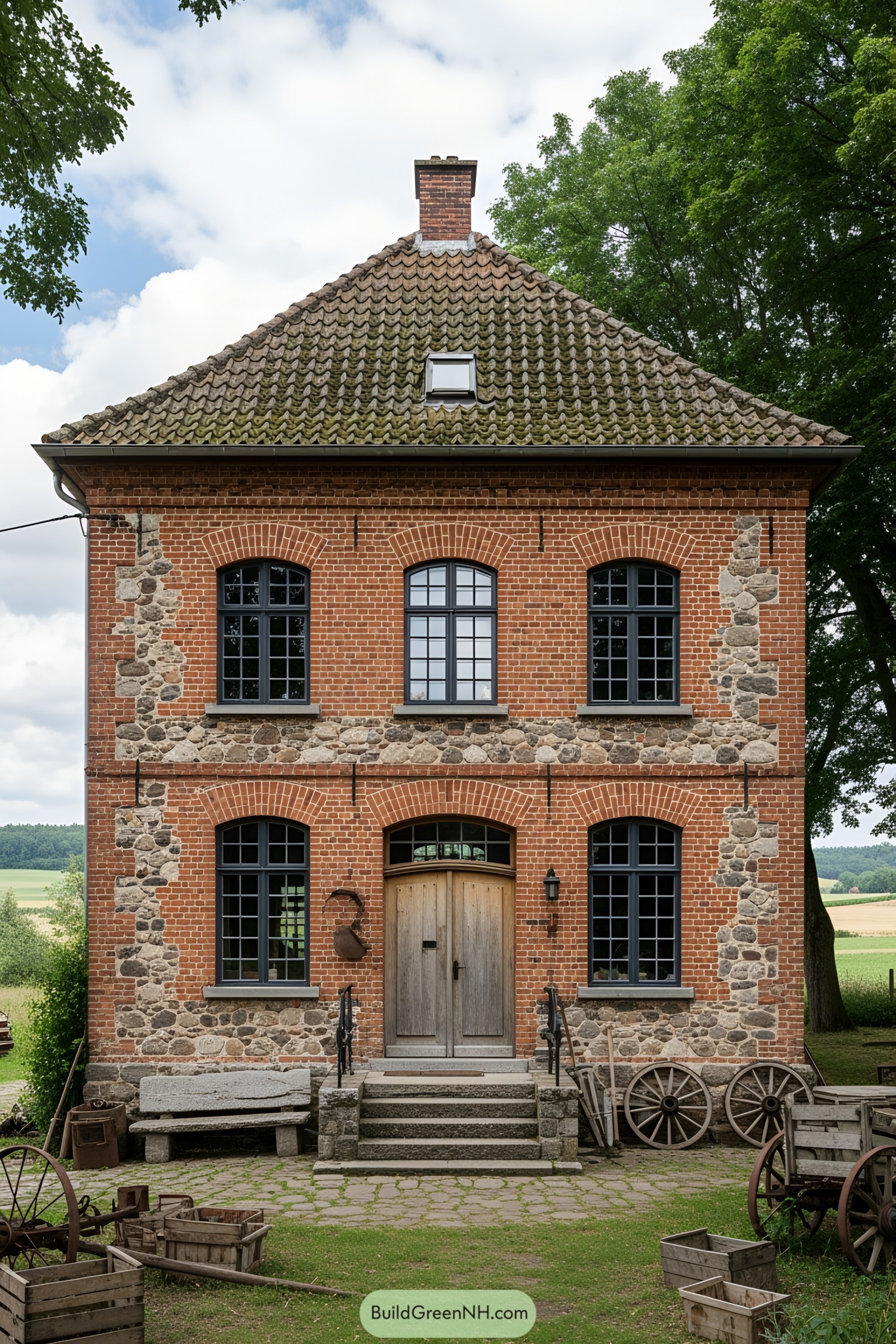 Two-story brick house with arched windows and stone accents
