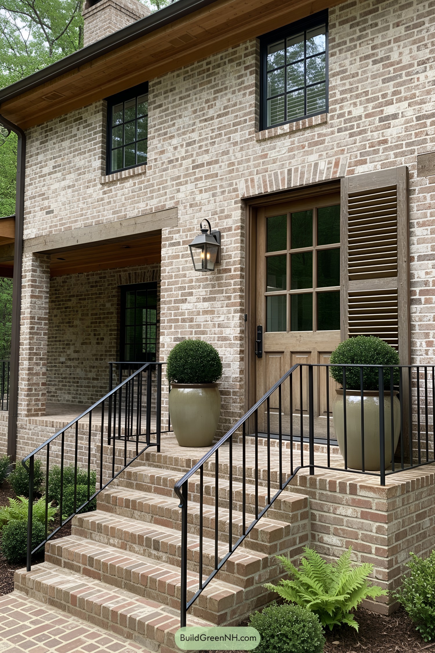 Rustic brick house with wooden door and potted plants
