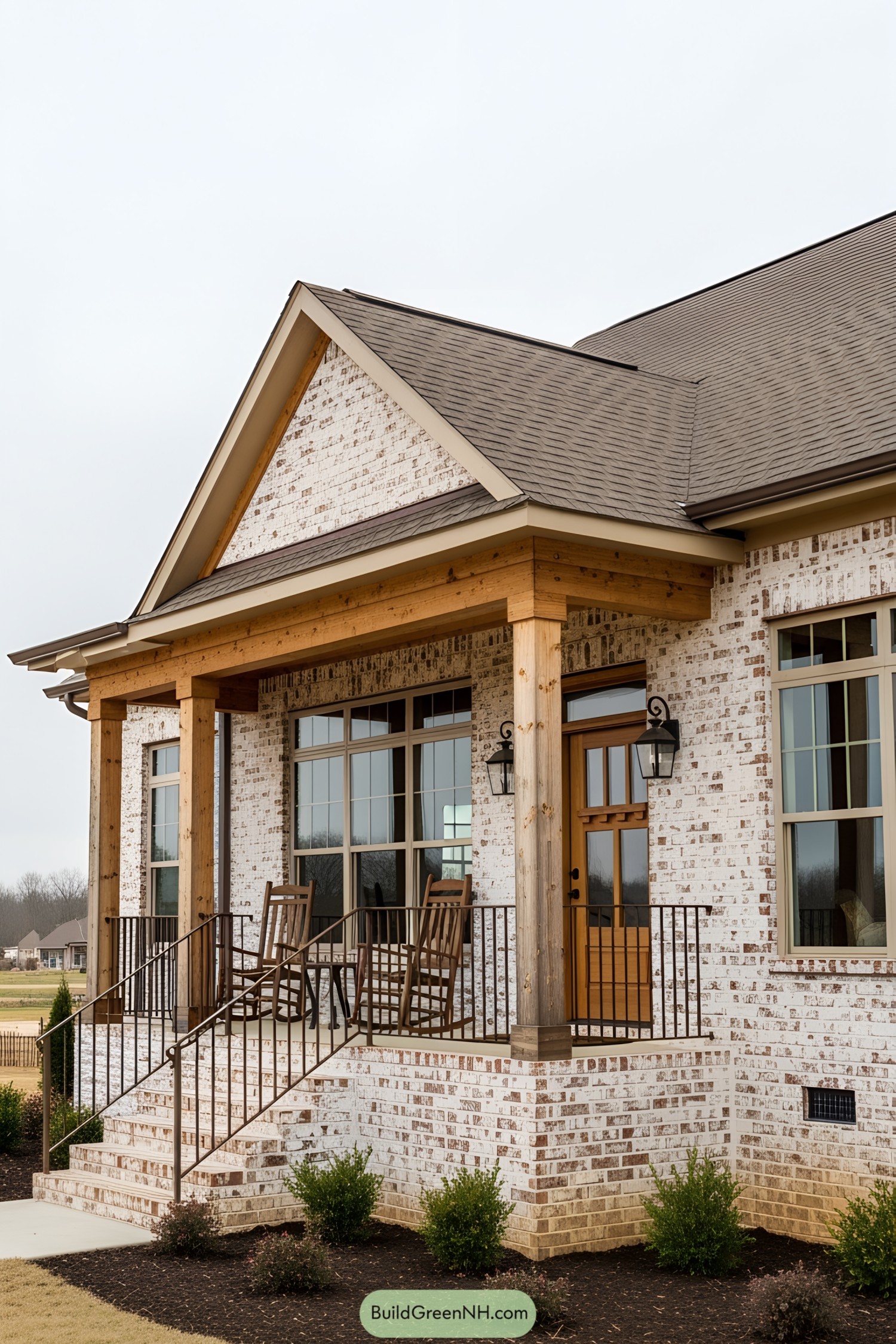 Charming rustic house with a cozy porch and rocking chairs