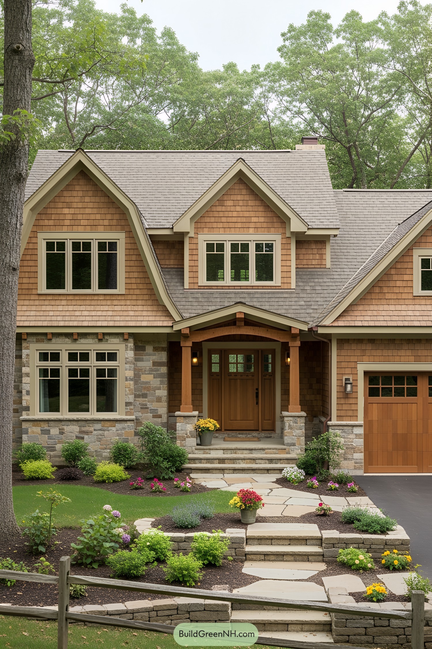 Rustic craftsman house with stone and wood facade surrounded by greenery
