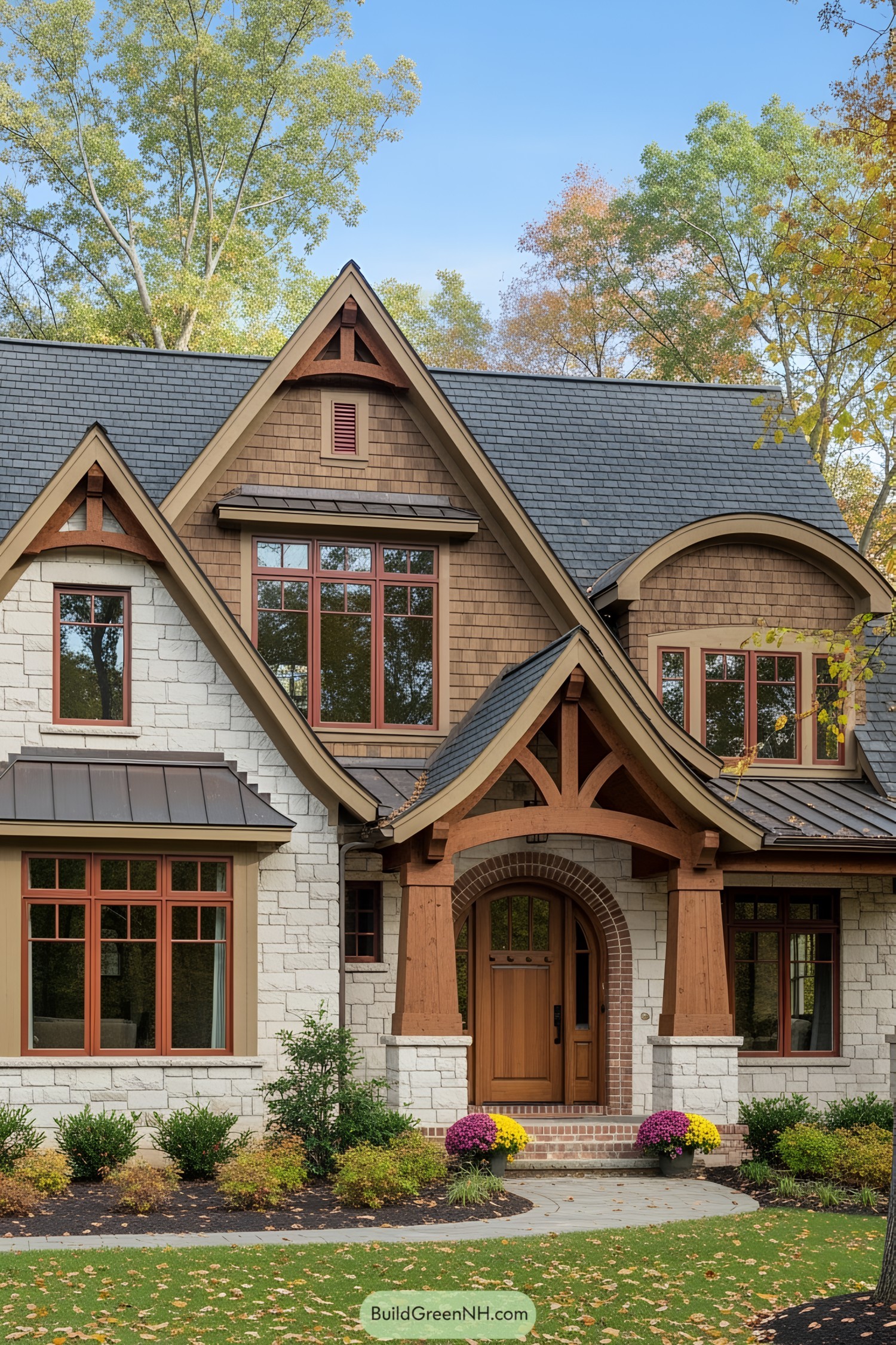 Rustic craftsman house with wooden beams and stone facade