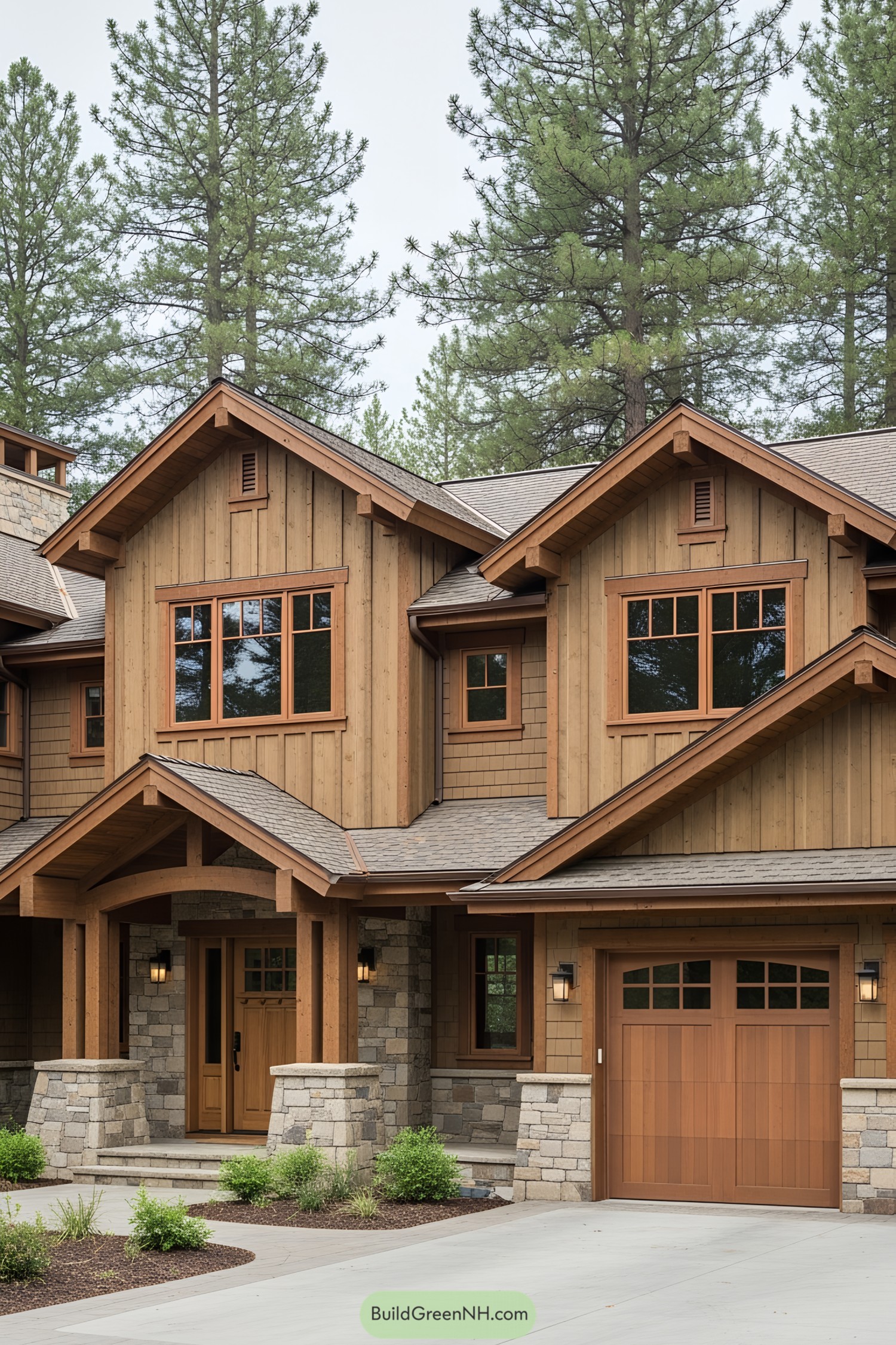 Rustic craftsman house with wood and stone elements