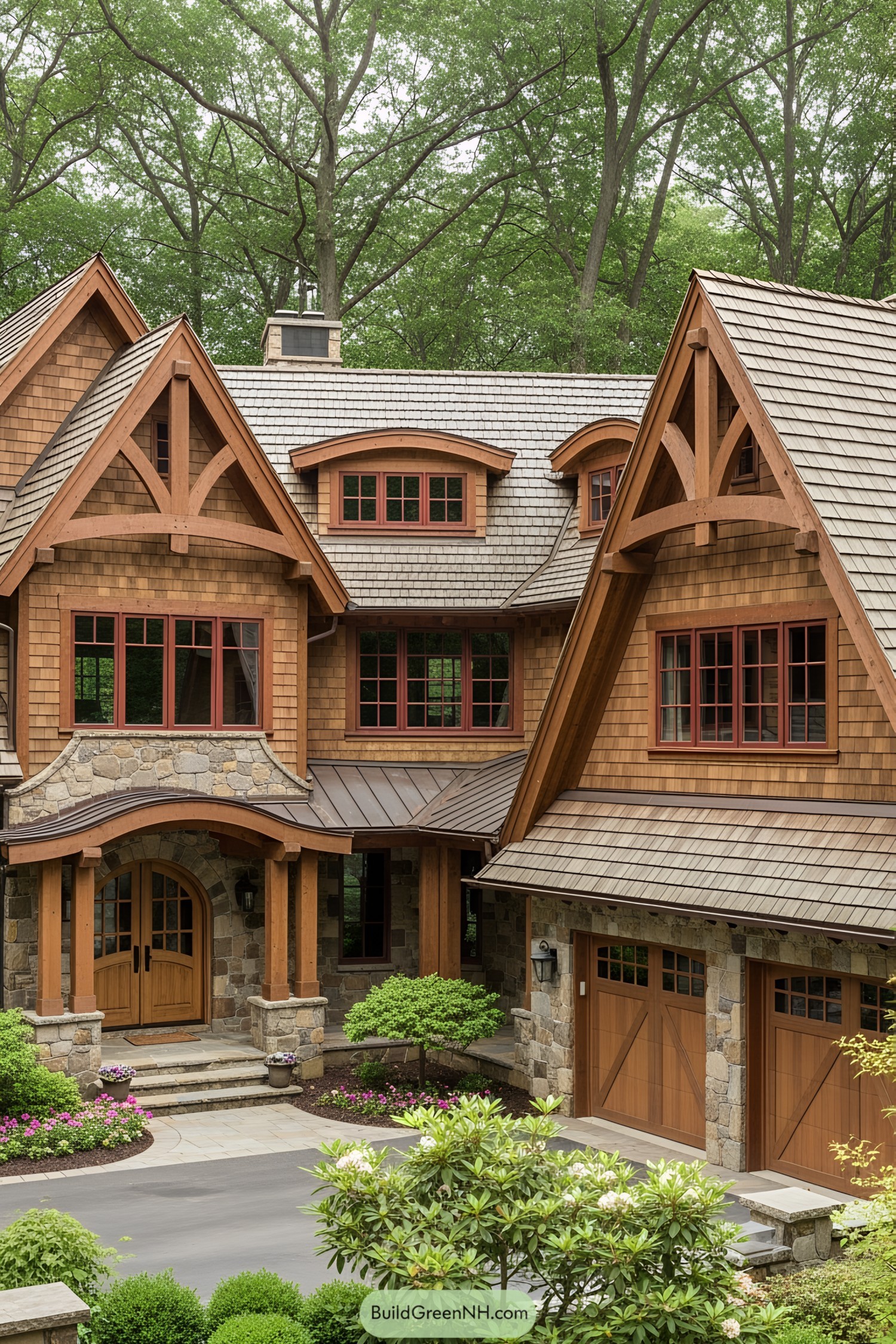 Rustic craftsman house with lush surroundings